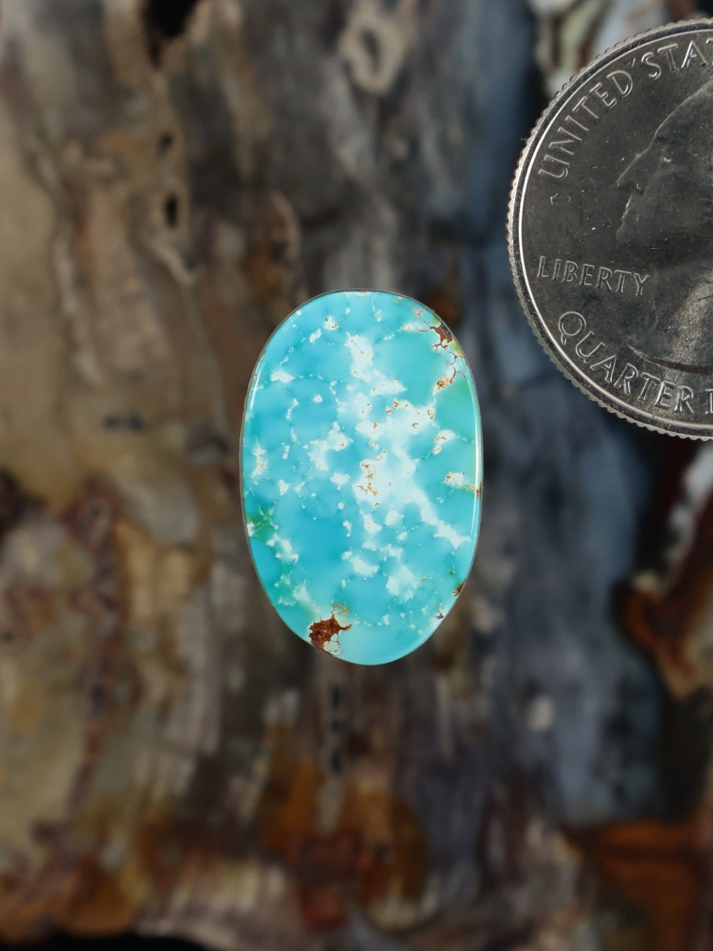 Oval turquoise cabochon gemstone with natural white veining