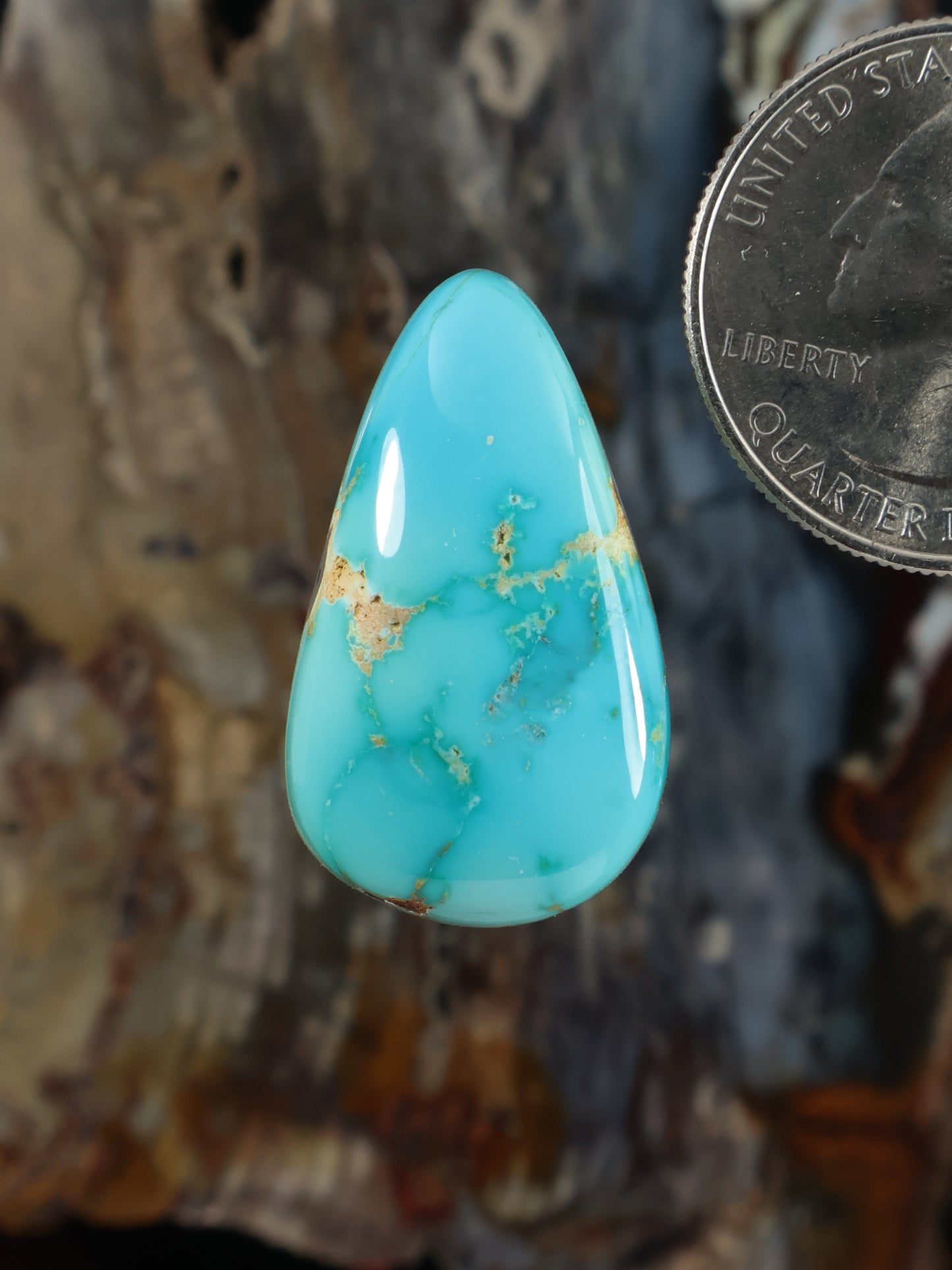 Turquoise teardrop cabochon gemstone with golden matrix veining, polished surface