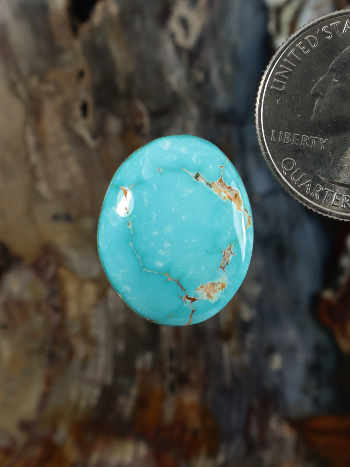 Turquoise oval cabochon gemstone with golden matrix veining