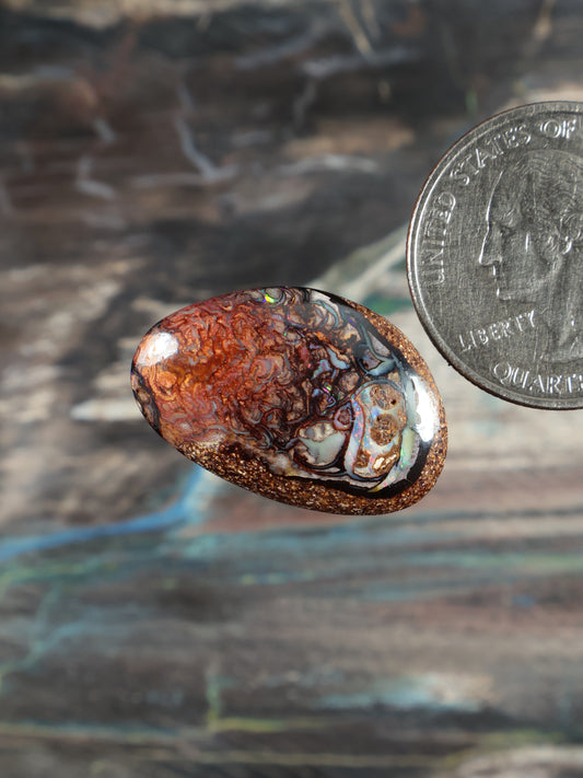 Boulder opal cabochon, oval; rich orange pattern with blue-green flashes and mottling