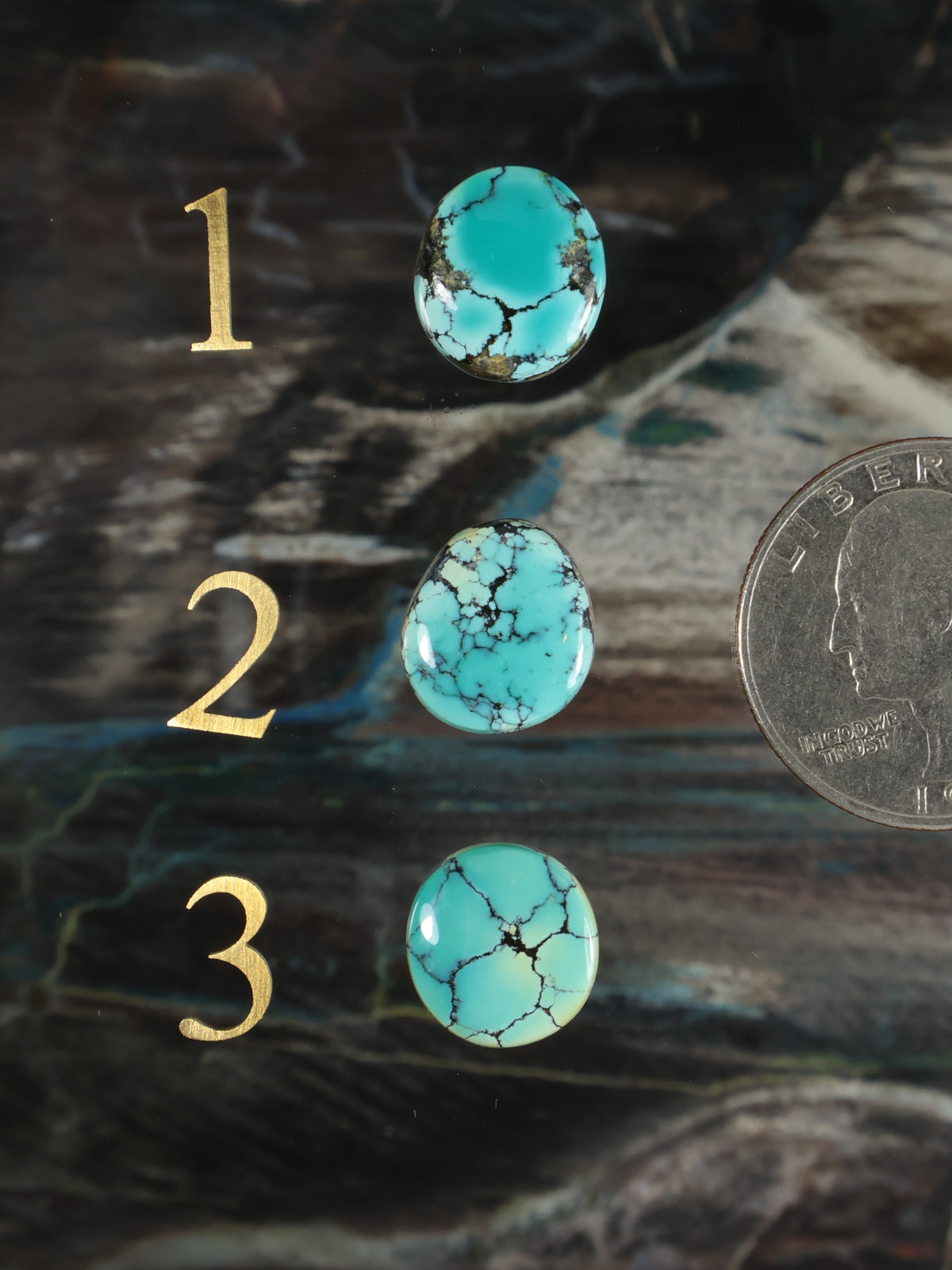 Round turquoise cabochon gemstones with spiderweb veining, three pieces