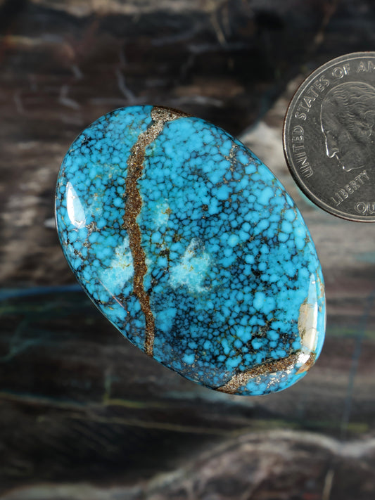 Oval turquoise cabochon, blue stone with long tan-brown vein across polished face