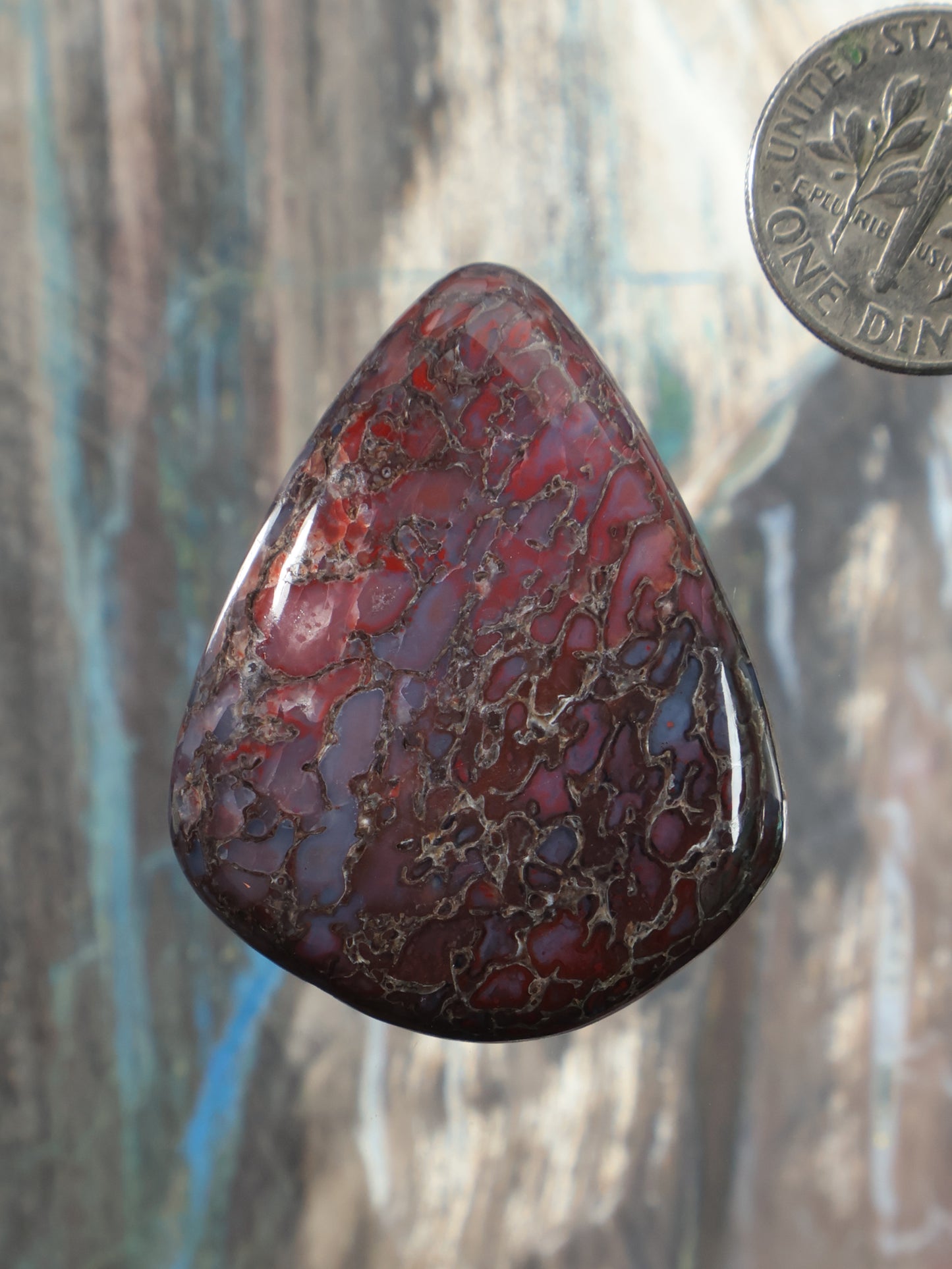 Dinosaur gembone cabochon: teardrop stone with red and purple web-like pattern, polished
