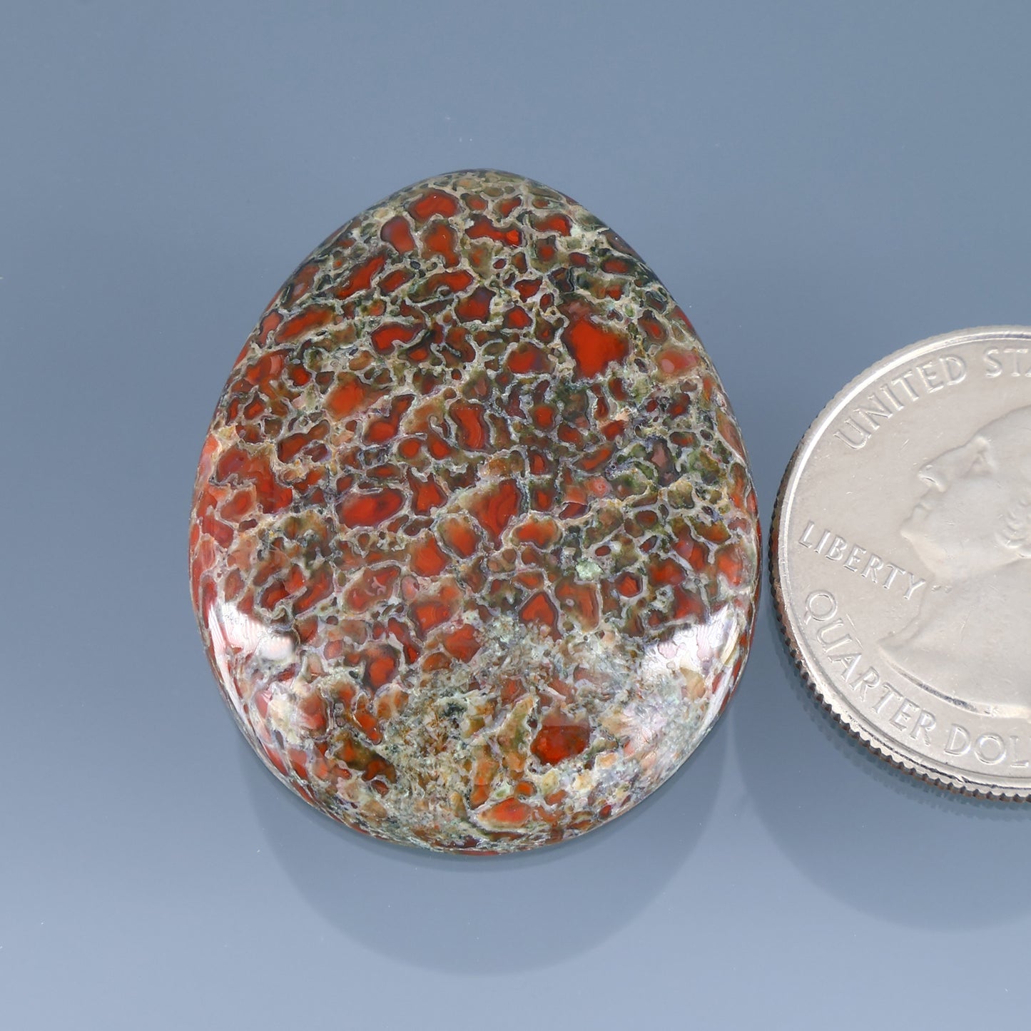 Dinosaur gembone cabochon, oval mosaic pattern in red, green, and silver