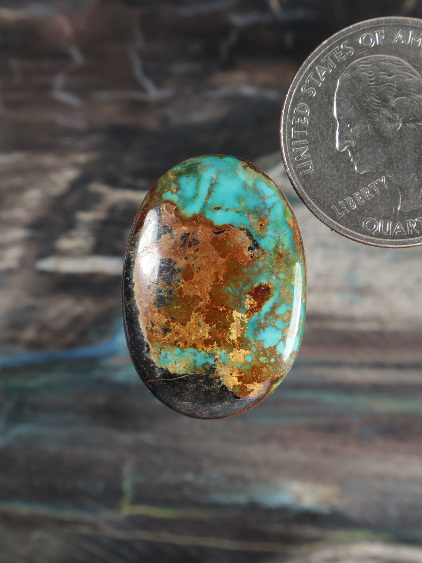 Turquoise cabochon gemstone with oval face, blue-green stone and brown matrix in dark bezel
