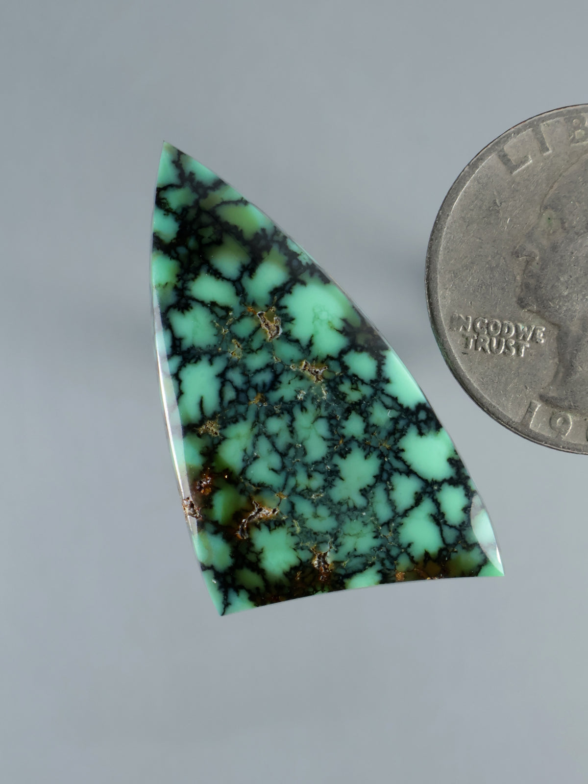 Triangular green variscite cabochon with black veining and tiny gold flecks, angled