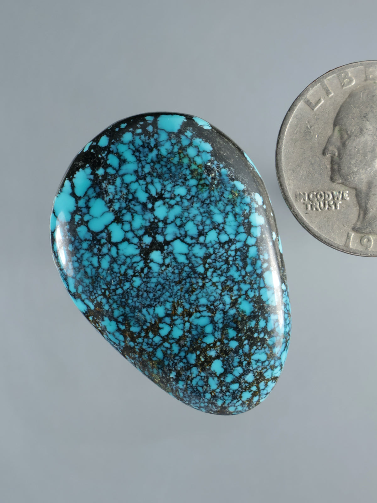 Turquoise oval cabochon with speckled black matrix, glossy polished surface