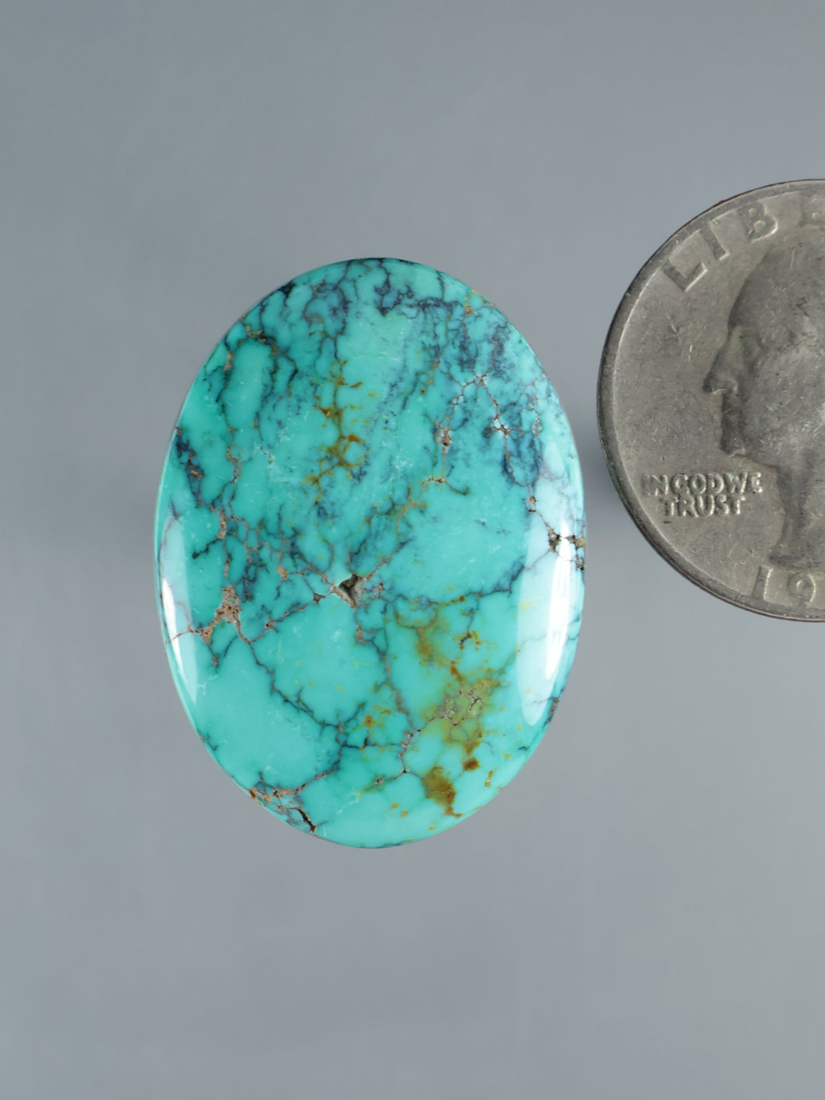 Turquoise oval cabochon gemstone with natural webbed matrix detail