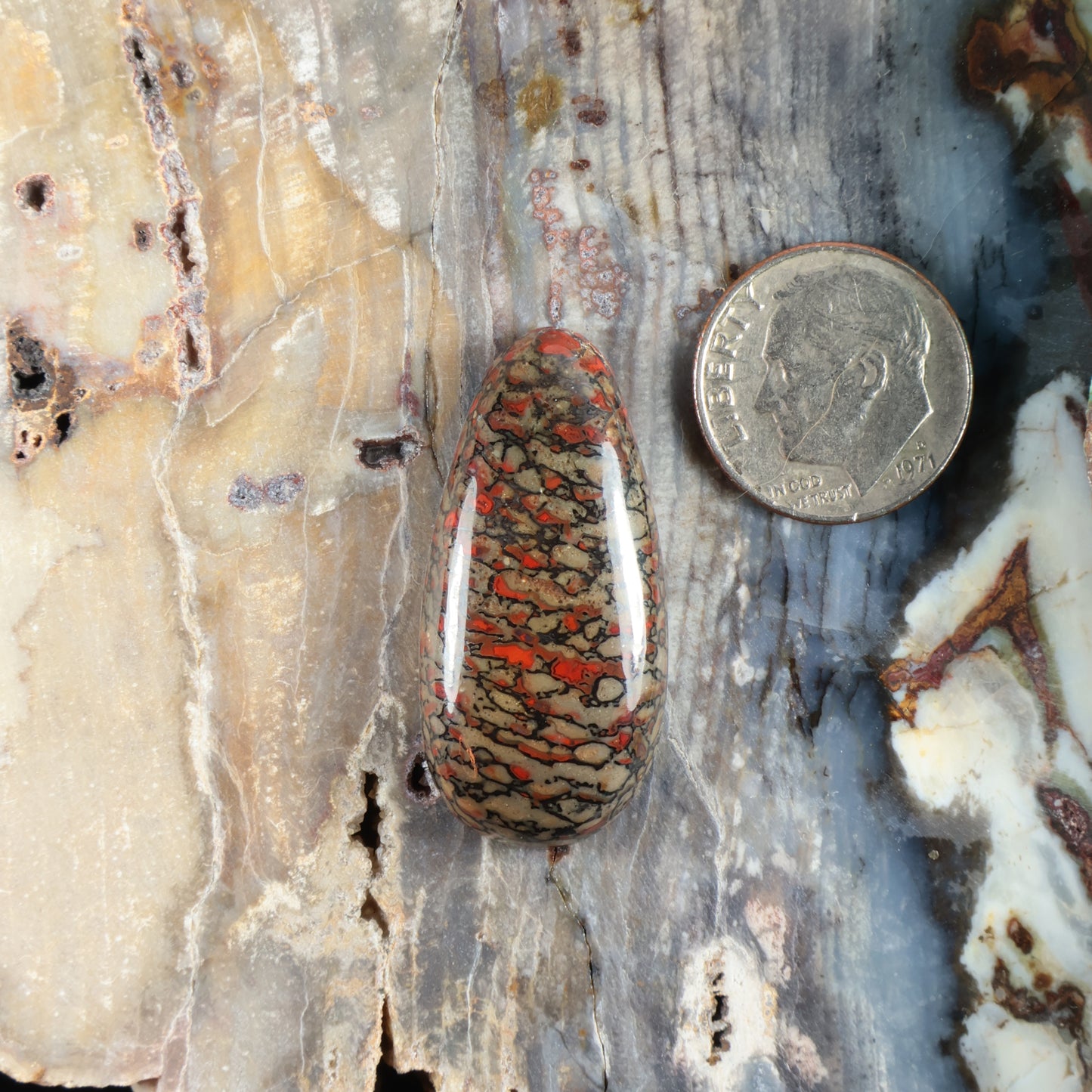 Dinosaur gembone cabochon, oval polished stone with red, black, and orange speckled pattern.