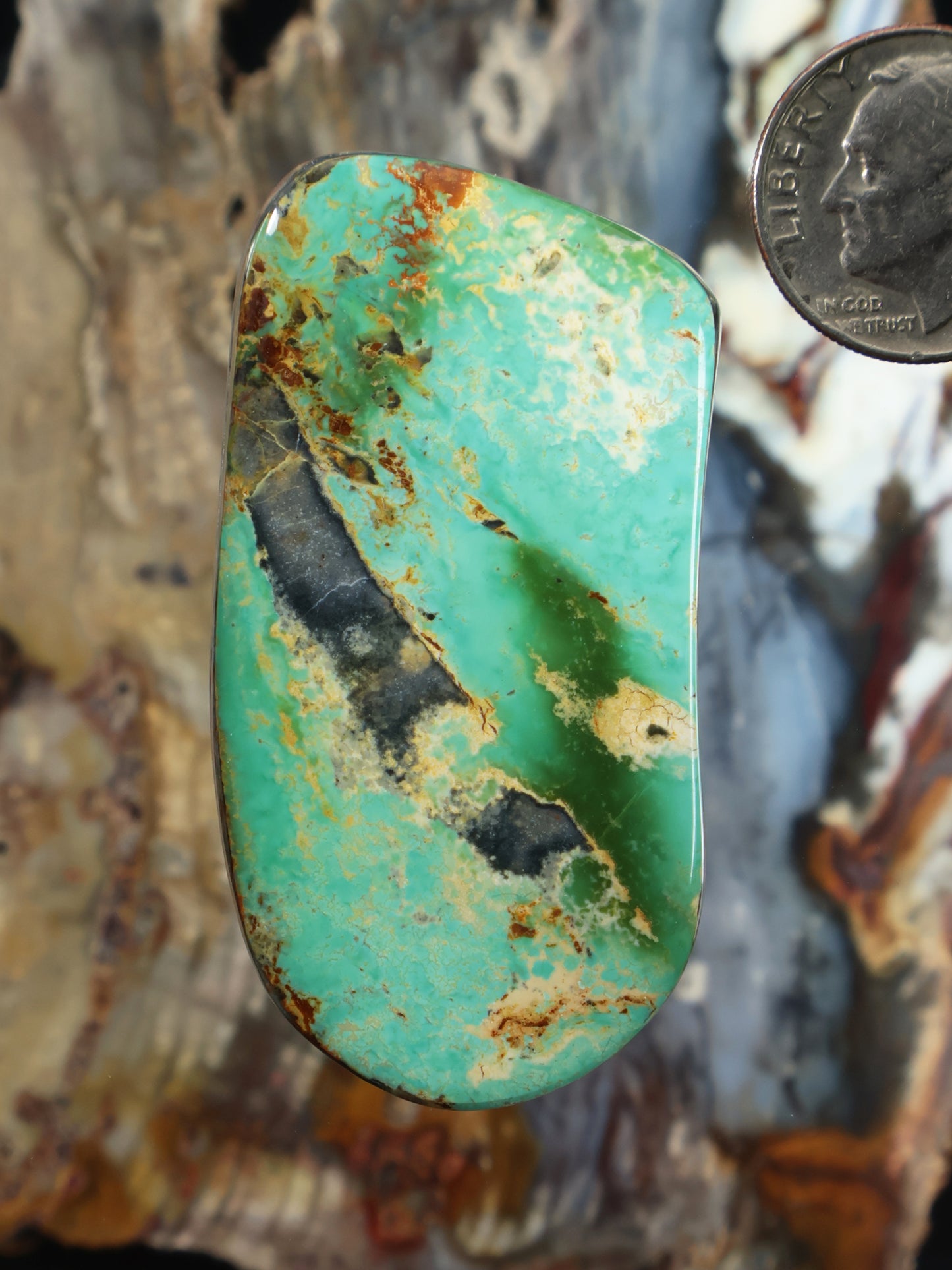 Turquoise cabochon gemstone, oval with dark matrix veining and polished surface