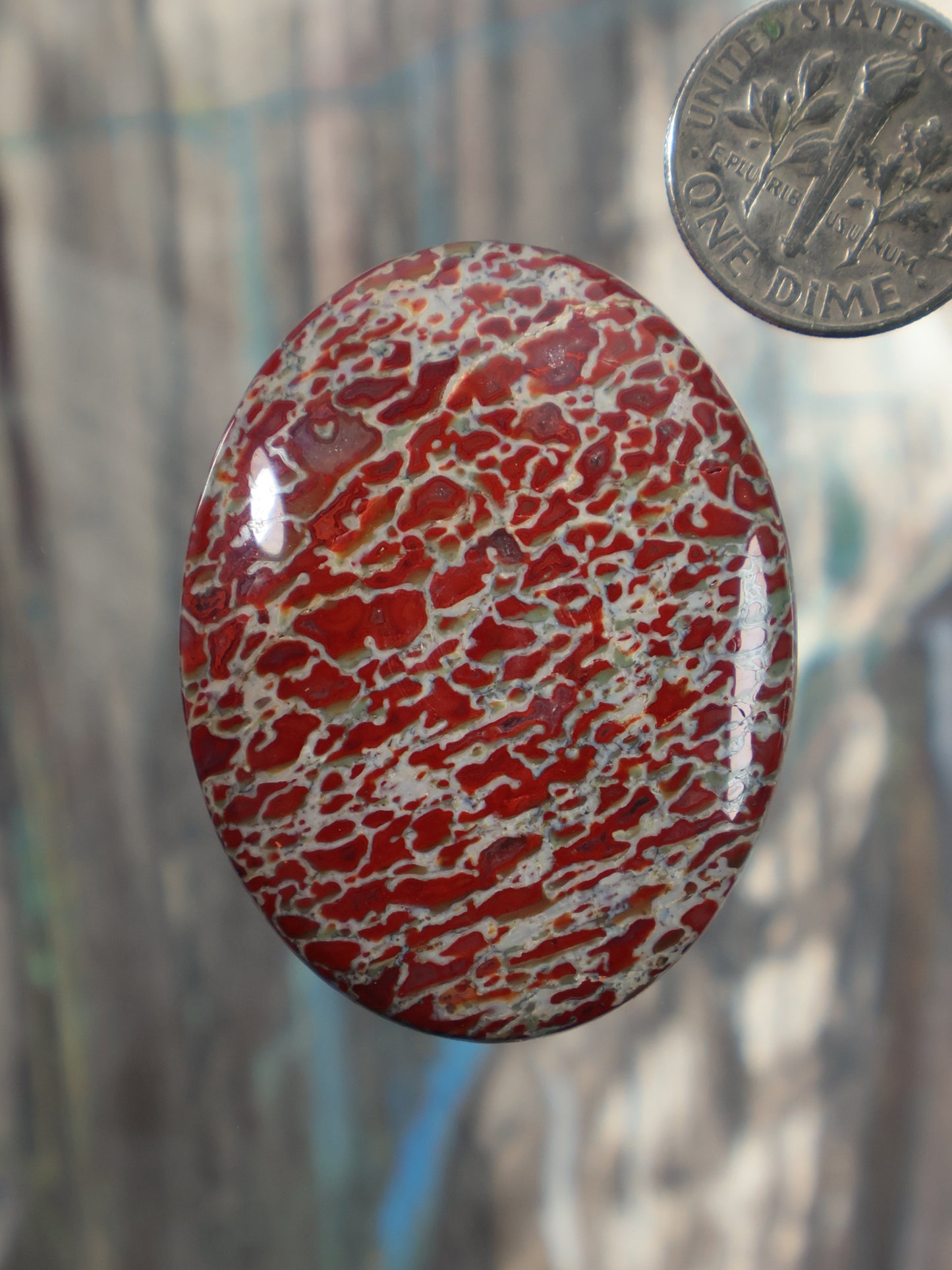 Red and white patterned oval gembone cabochon with polished glossy surface