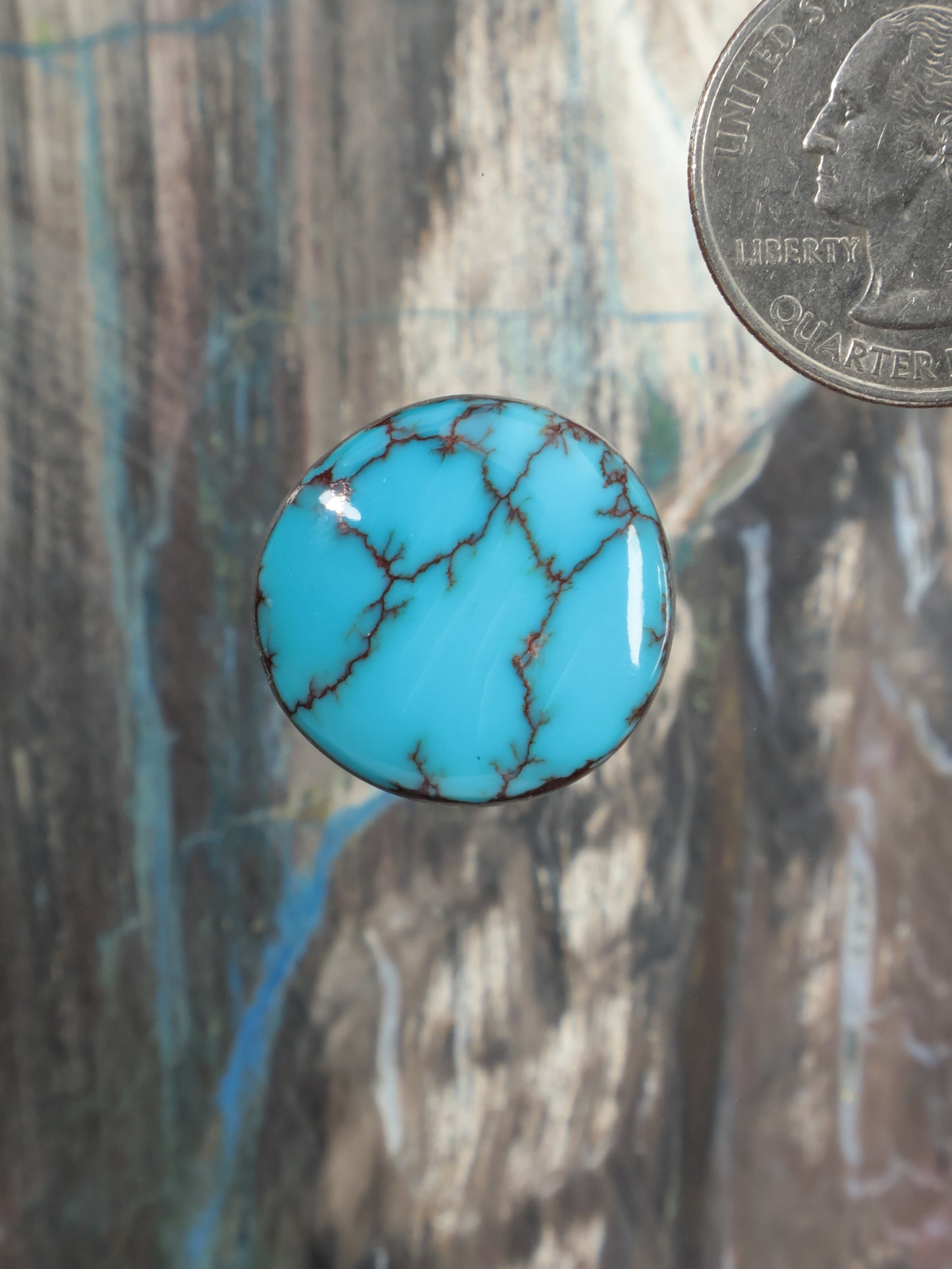 Turquoise cabochon gemstone with black veining
