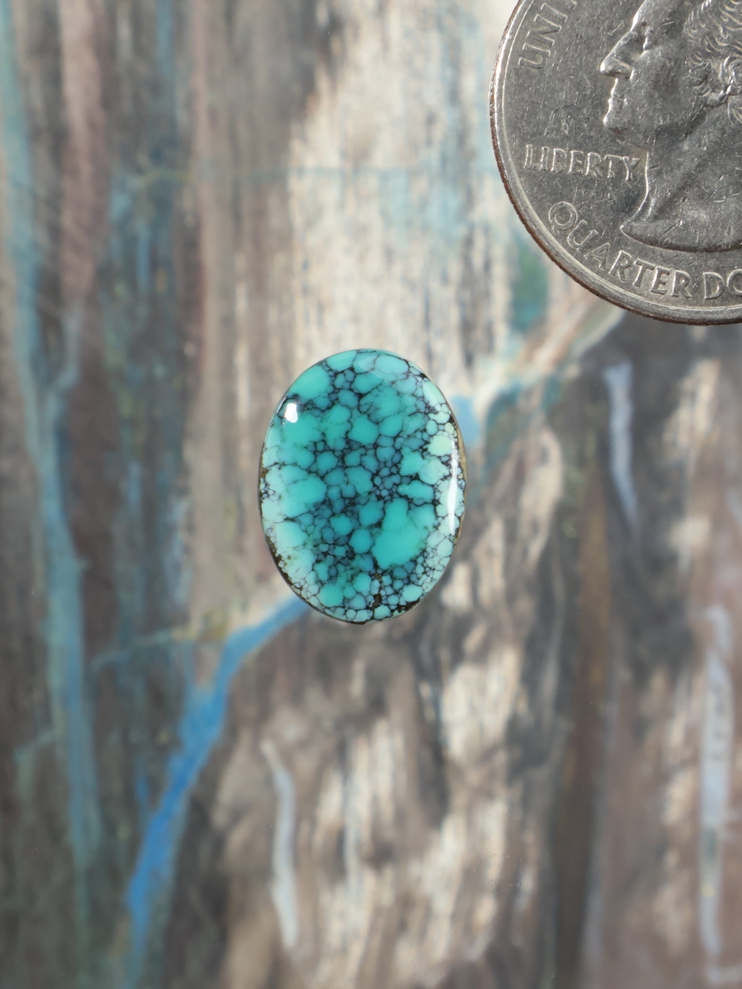 Turquoise oval cabochon gemstone with dark web matrix