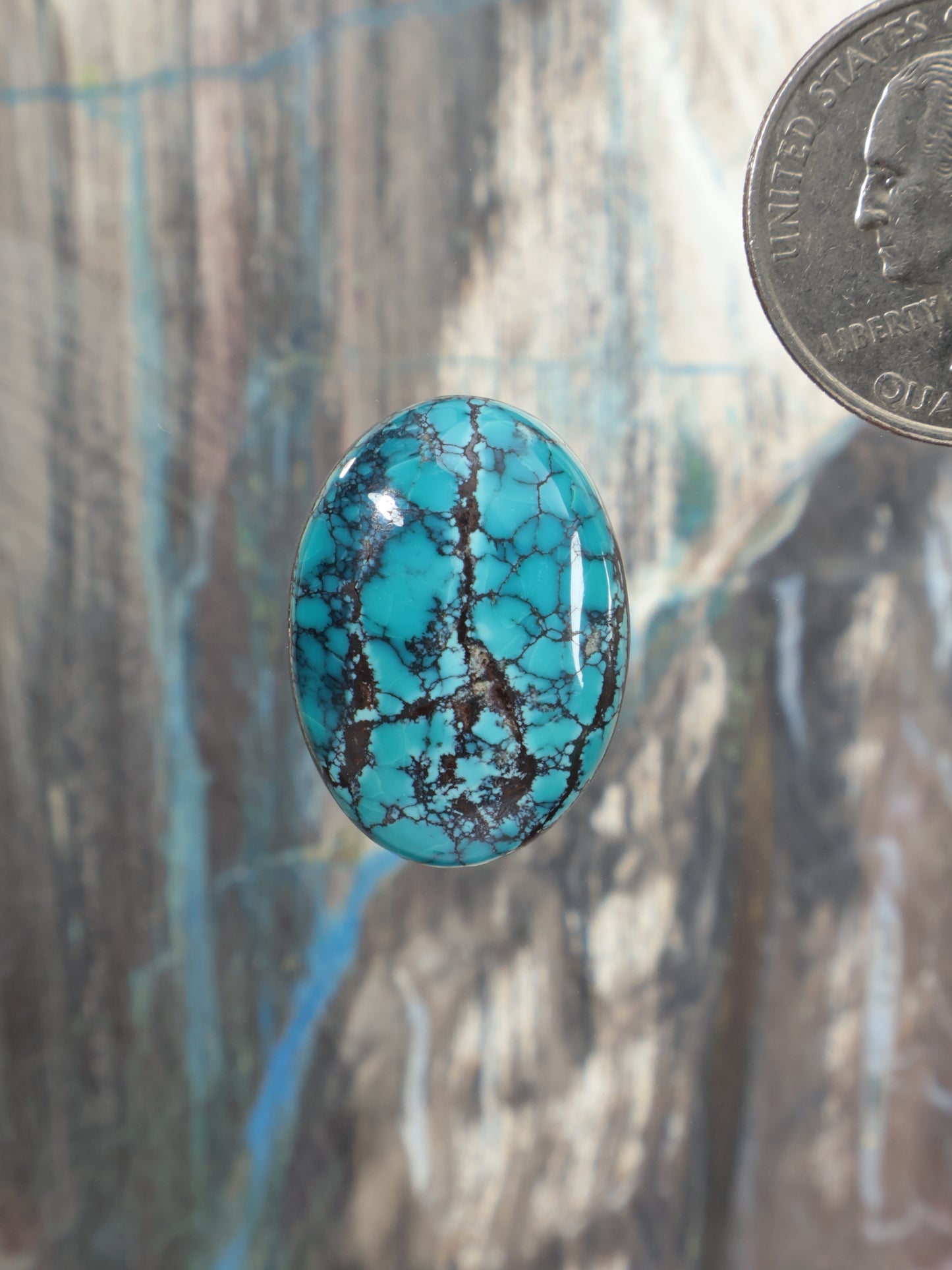 Oval turquoise cabochon with black matrix veining