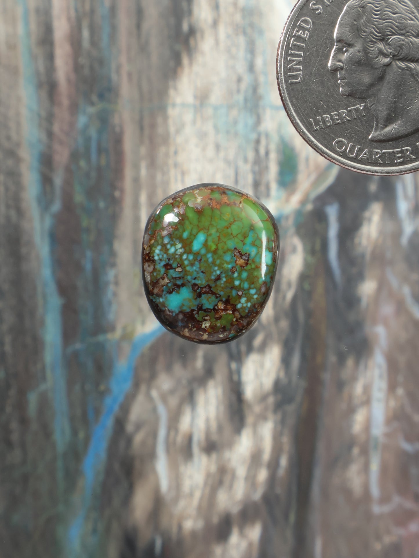 Turquoise cabochon gemstone with green-blue speckled mosaic, shown next to a quarter