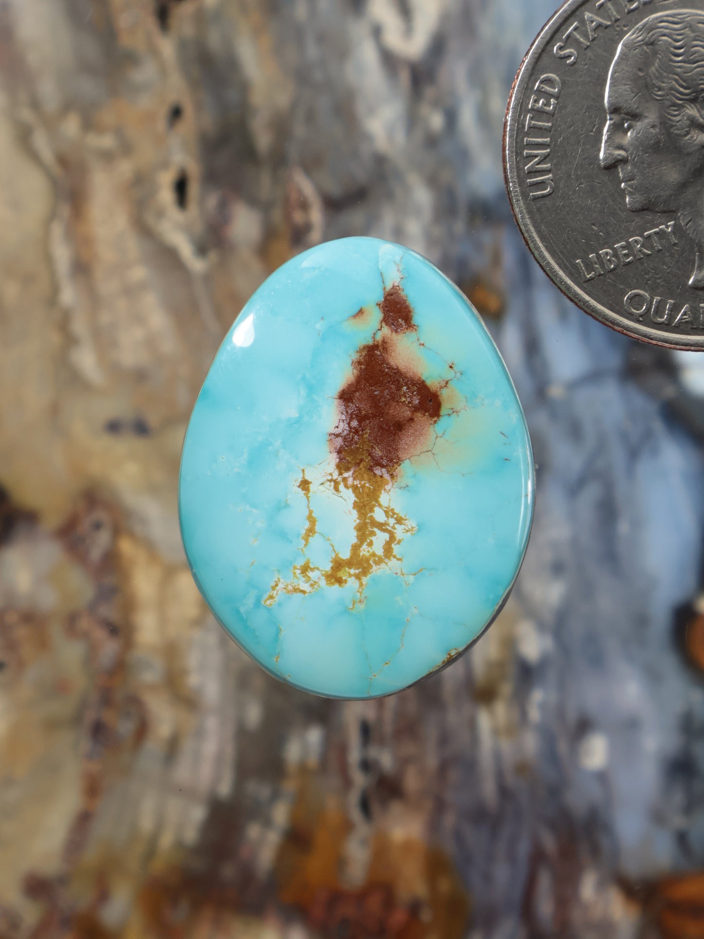 Oval turquoise cabochon gemstone with brown matrix veining.