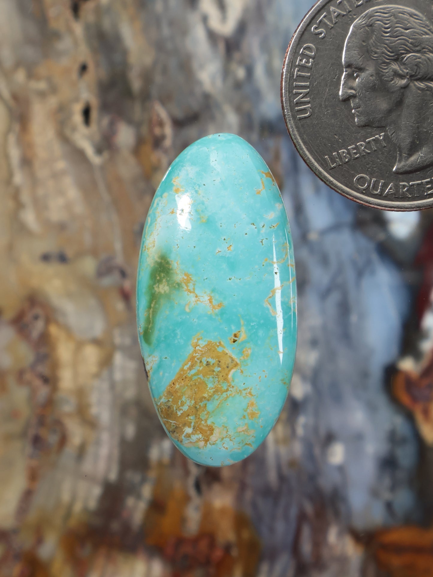 Oval turquoise cabochon with golden-brown matrix inclusions