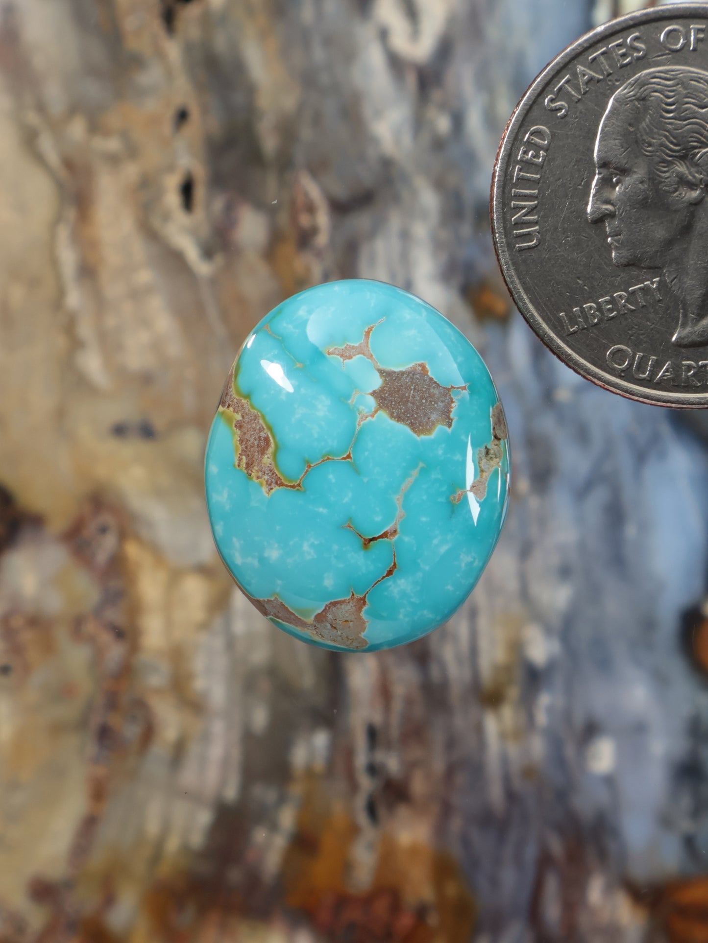Oval turquoise cabochon gemstone with brown matrix inclusions