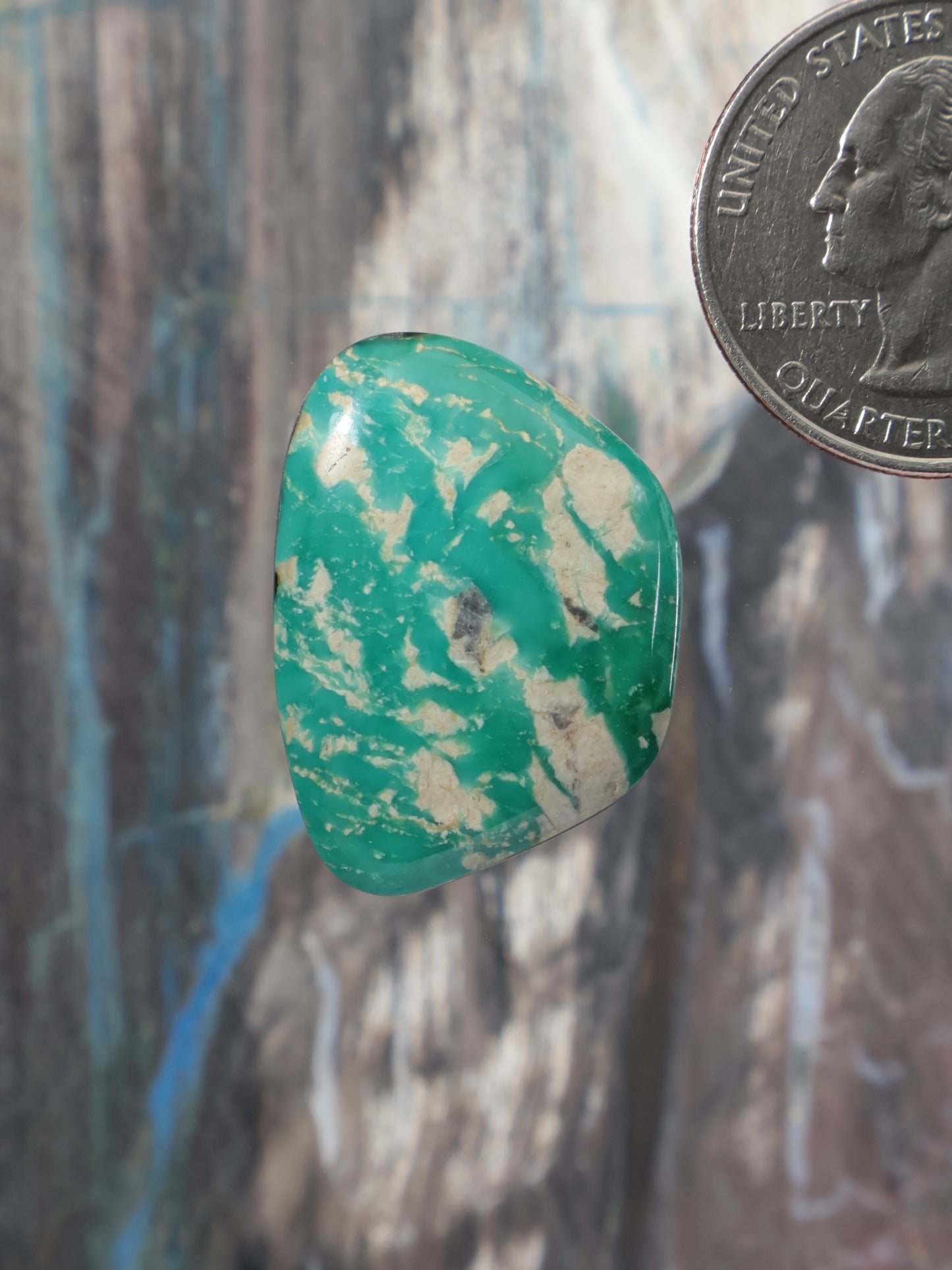 A polished green stone with white marbling, shown next to a US quarter coin for scale, against a textured gray and brown background.