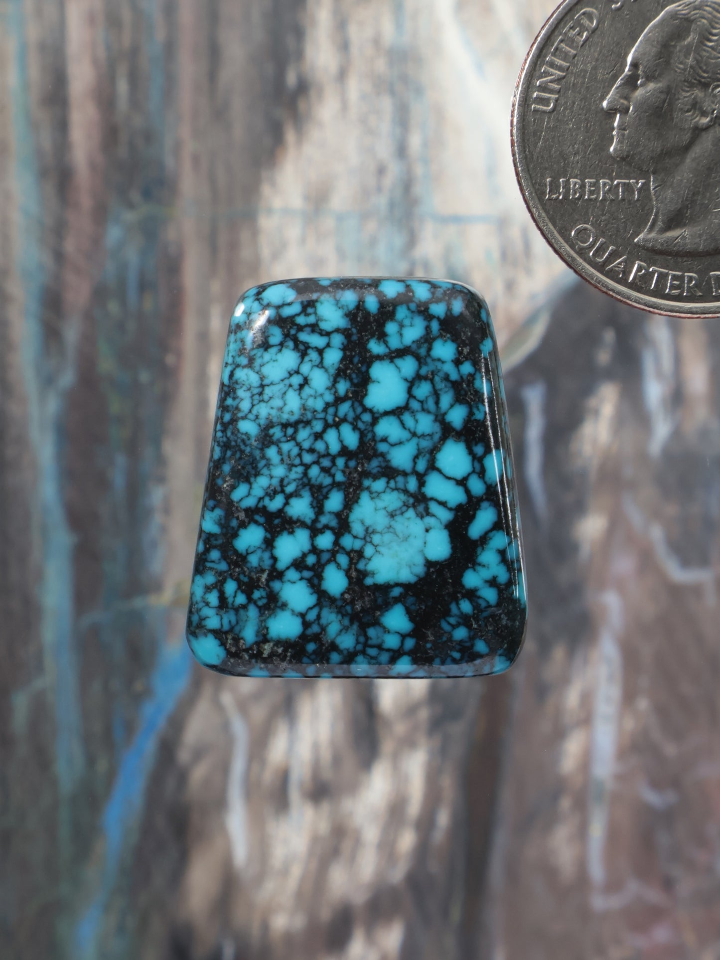 Turquoise cabochon gemstone with blue web pattern, square domed top.