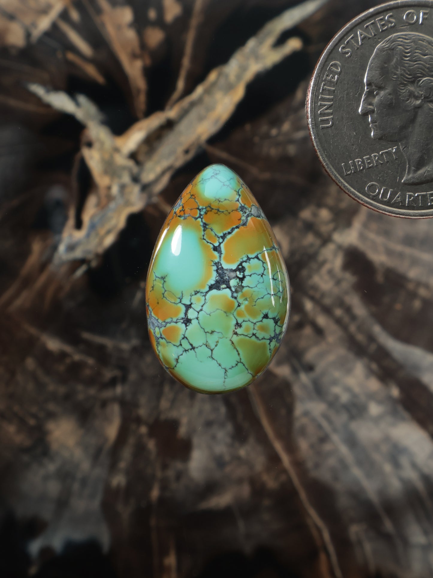 Turquoise cabochon gemstone, oval with yellow-brown web matrix and bright aqua color