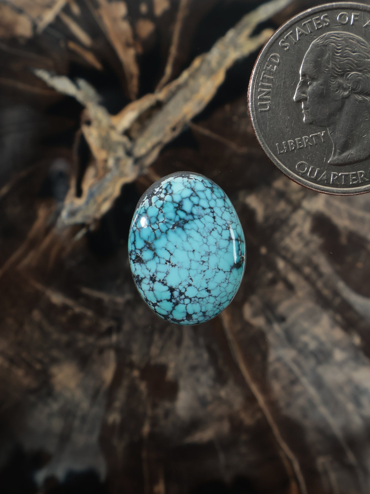 Oval turquoise cabochon gemstone with blue veining, set-stone close-up