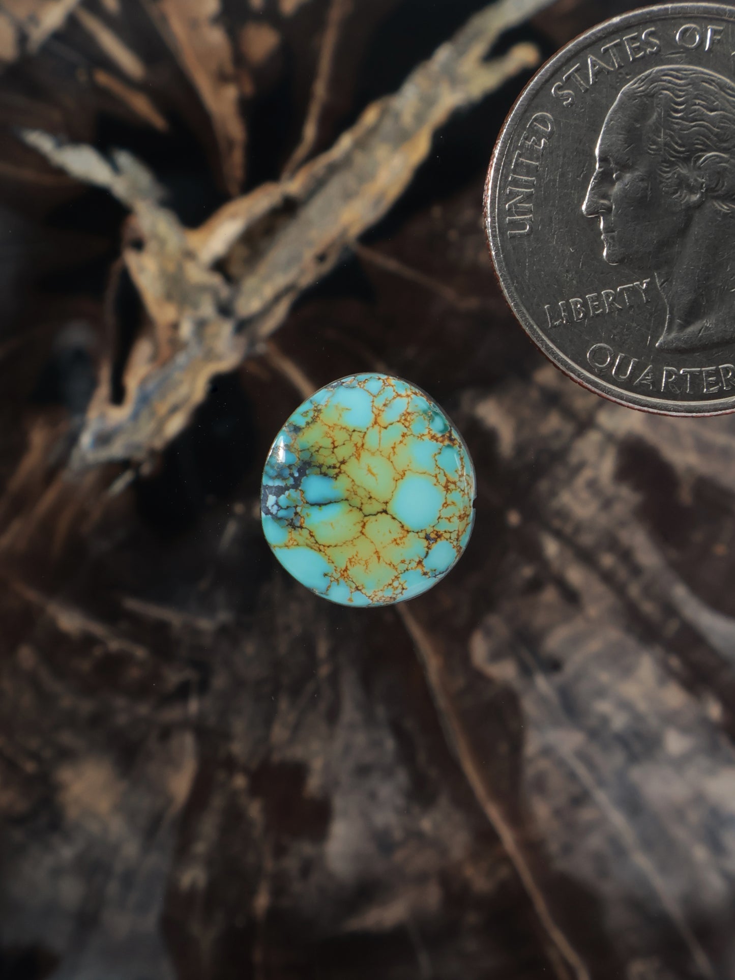 Round turquoise cabochon with blue-green stone and gold web veining