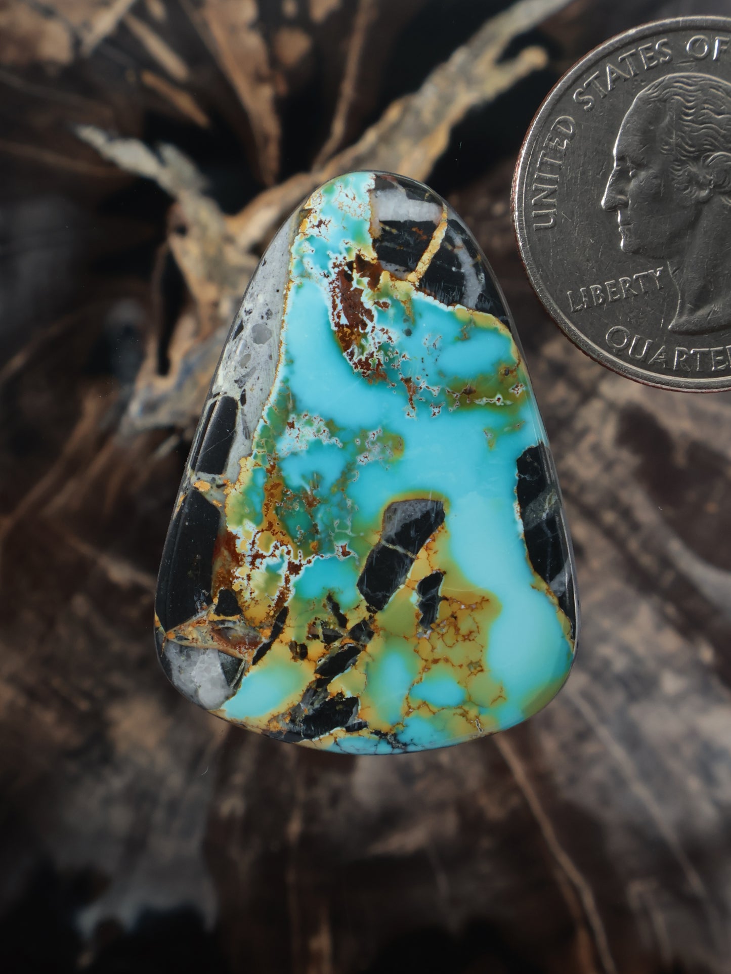 Turquoise polychrome cabochon gemstone with teardrop shape and natural matrix veining