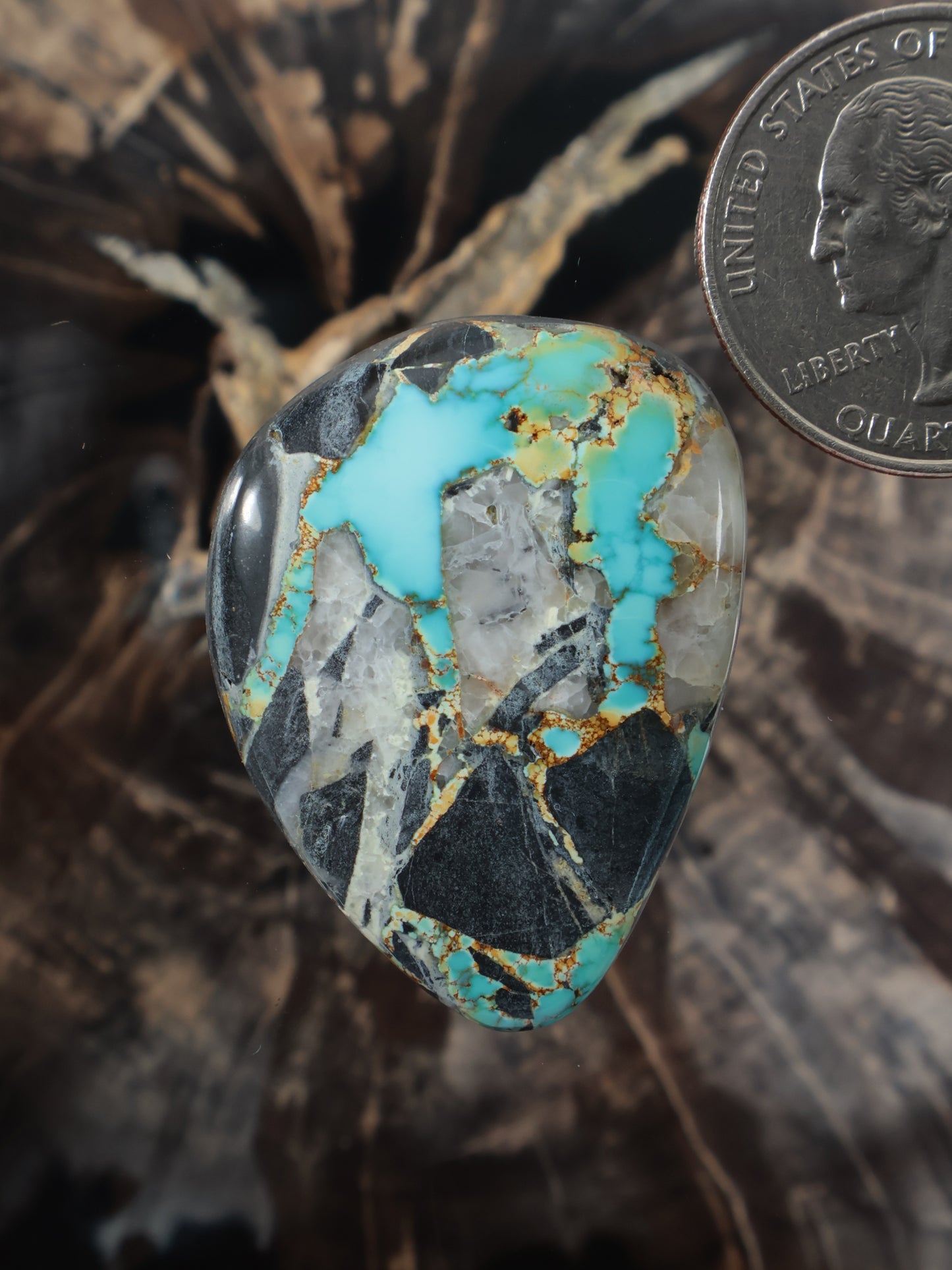Turquoise cabochon teardrop with multicolor stone matrix and dark backing