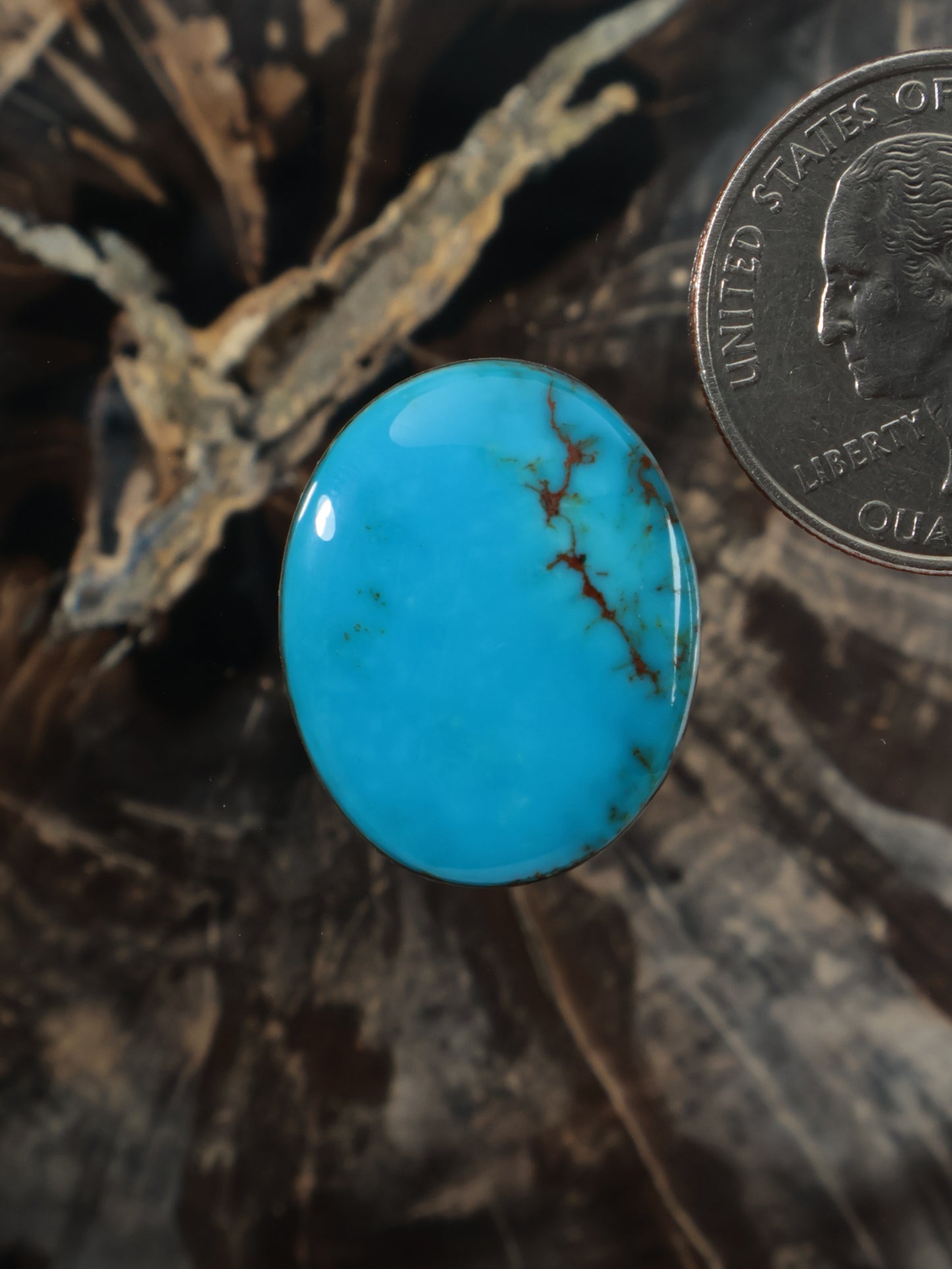 Oval turquoise cabochon gemstone with dark matrix webbing, domed