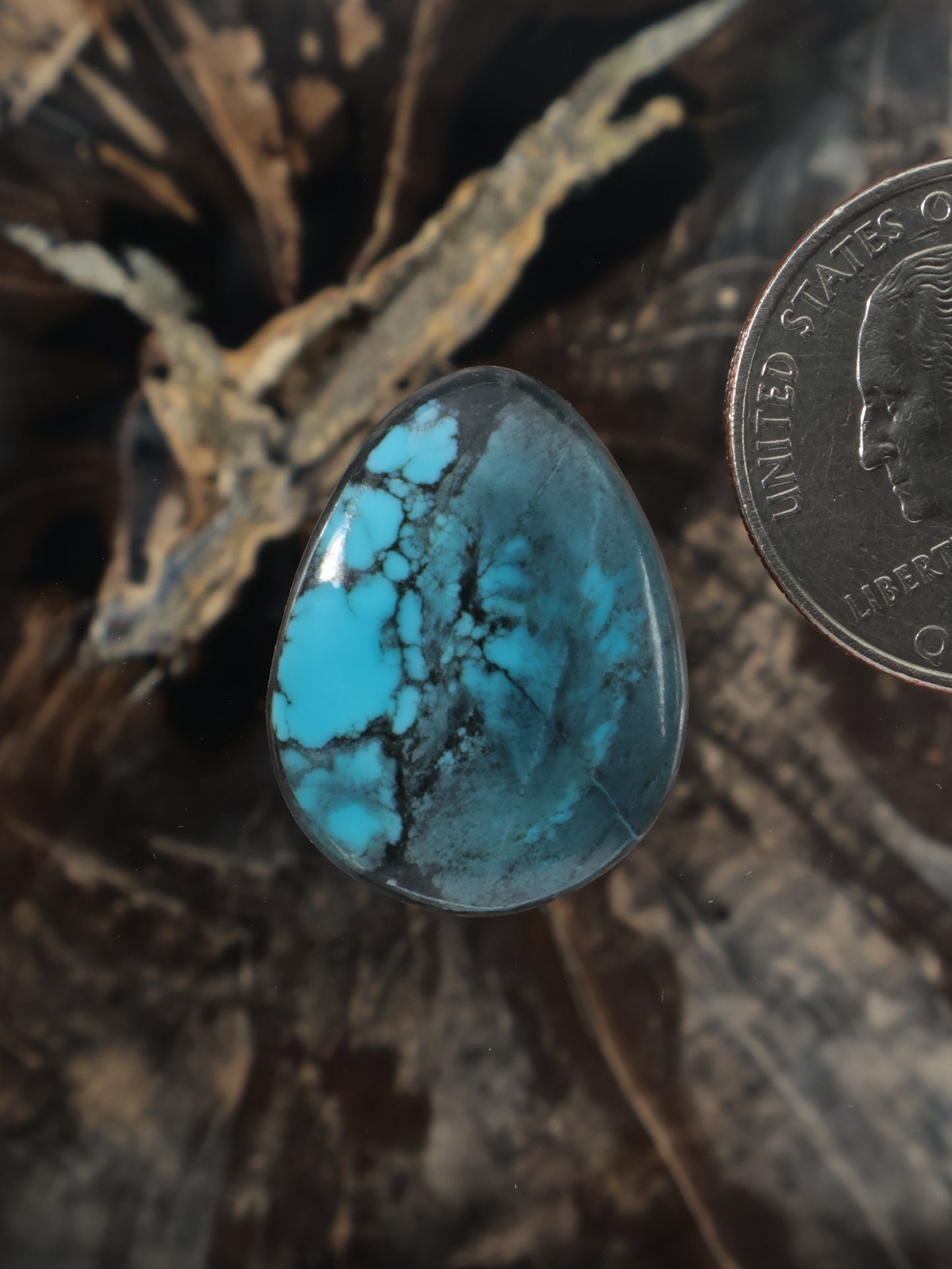 Turquoise cabochon teardrop gemstone with dark webbed veining, blue with black matrix