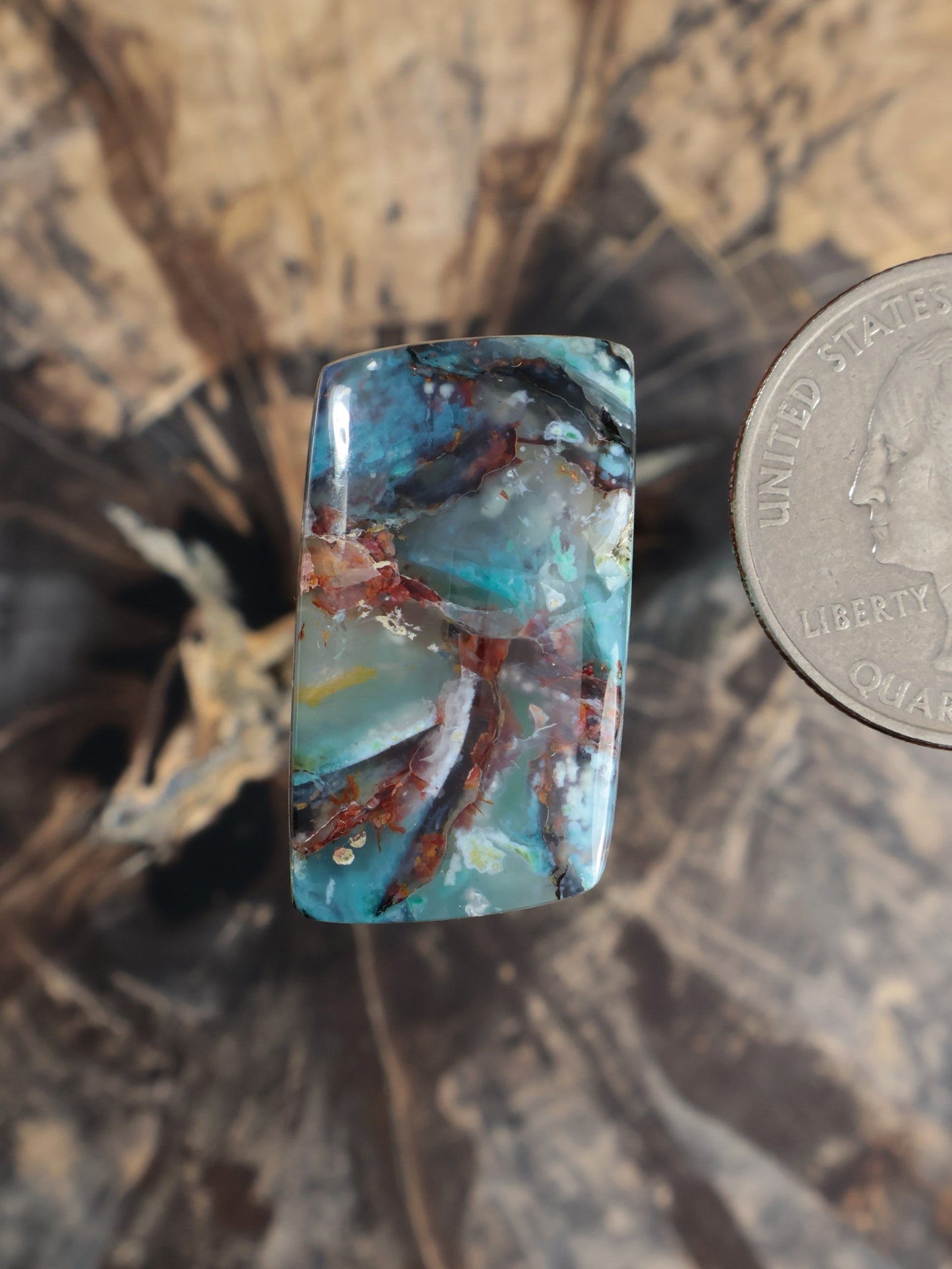 Turquoise chrysocolla chalcedony cabochon with coppery red-brown veining, rounded rectangle