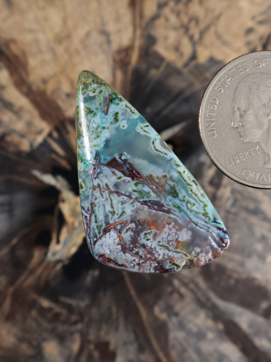 Angled teardrop cabochon with turquoise-green base and red-brown matrix lines
