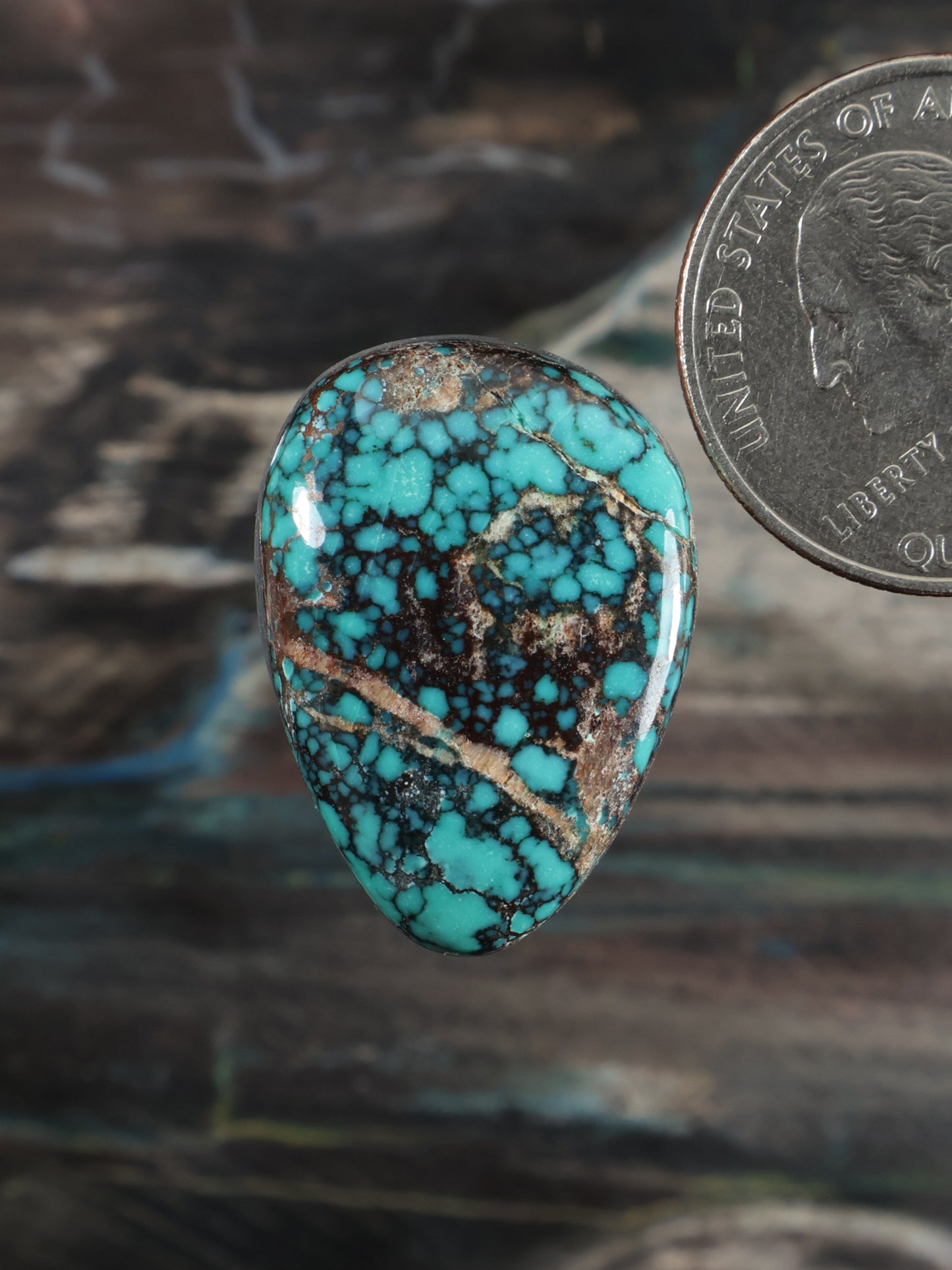 Turquoise cabochon gemstone with teal webbed stone and silver bezel setting