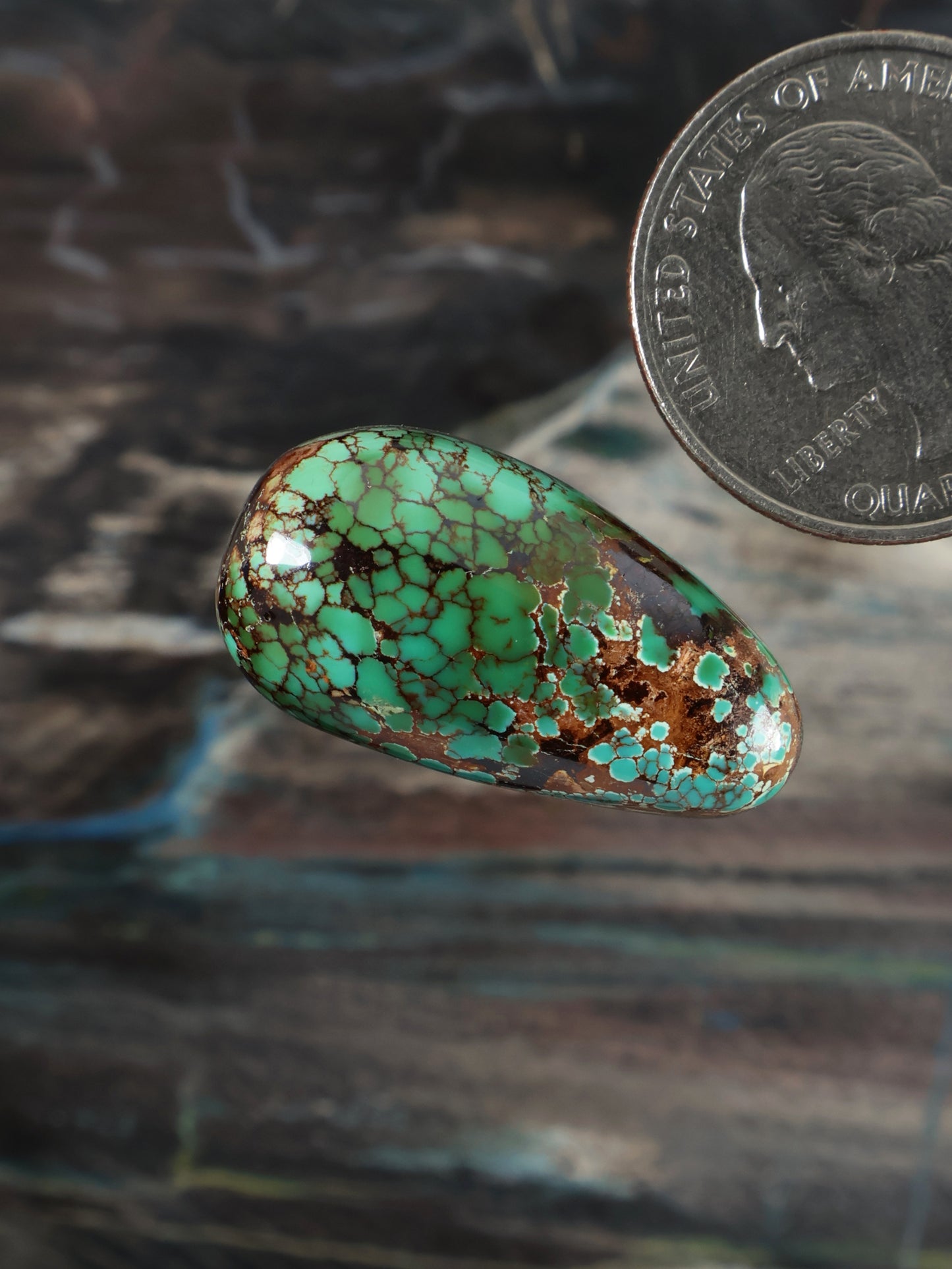 Turquoise cabochon gemstone, oval cabochon with green-blue webbing and brown matrix