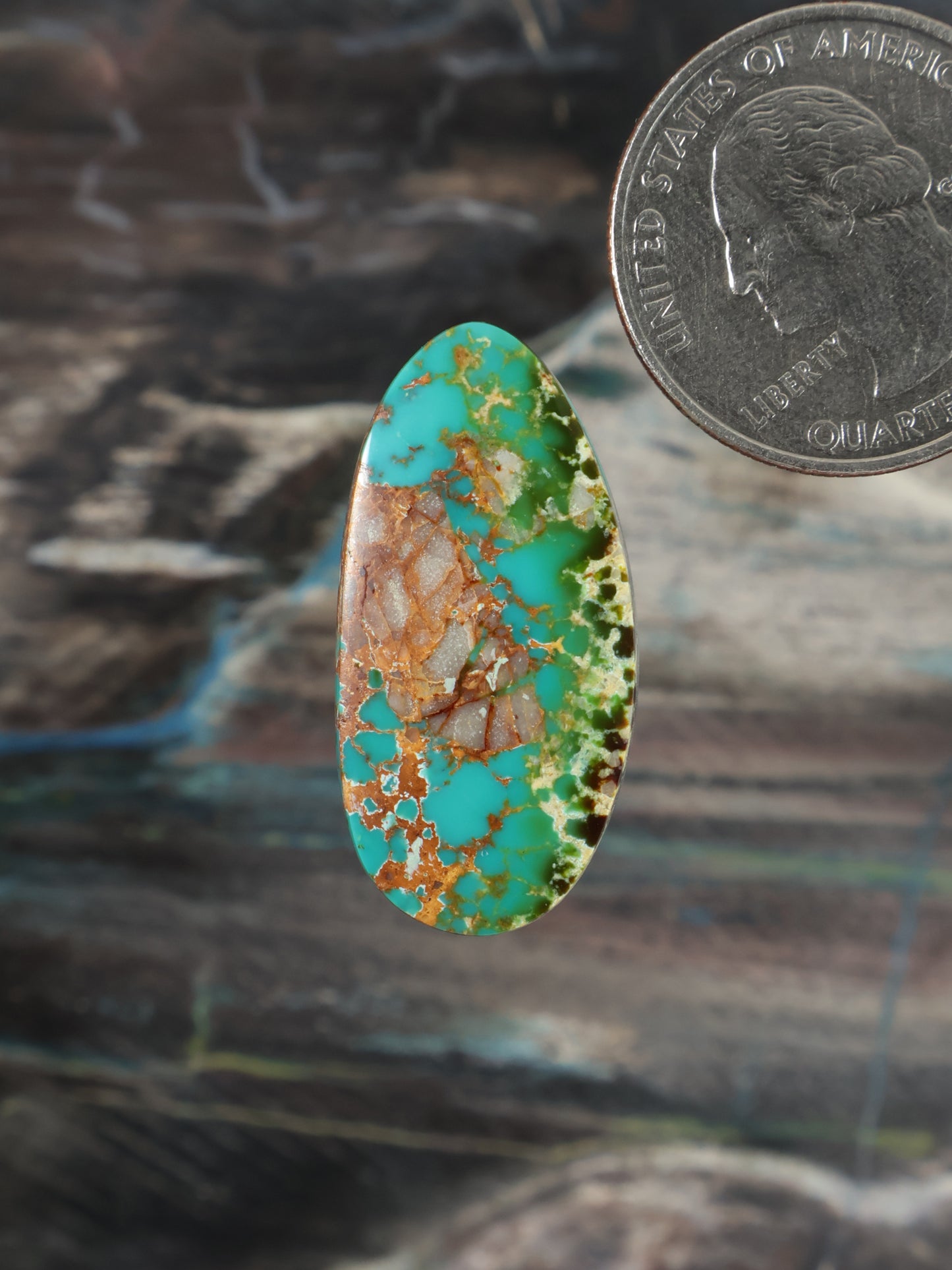 Turquoise cabochon gemstone with oval shape and brown-gold matrix veining