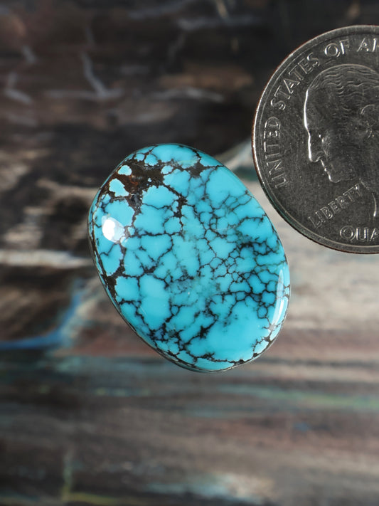 Oval turquoise cabochon gemstone with webbed matrix in silver-tone bezel