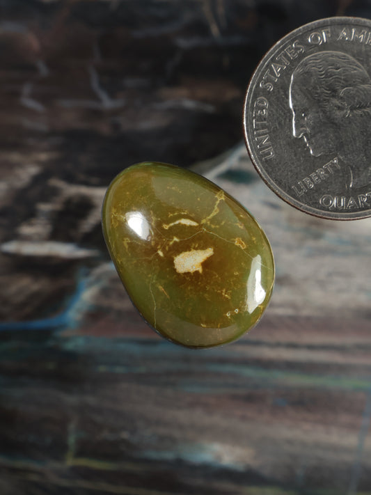 Tilted oval green cabochon gemstone with glossy finish and light veining