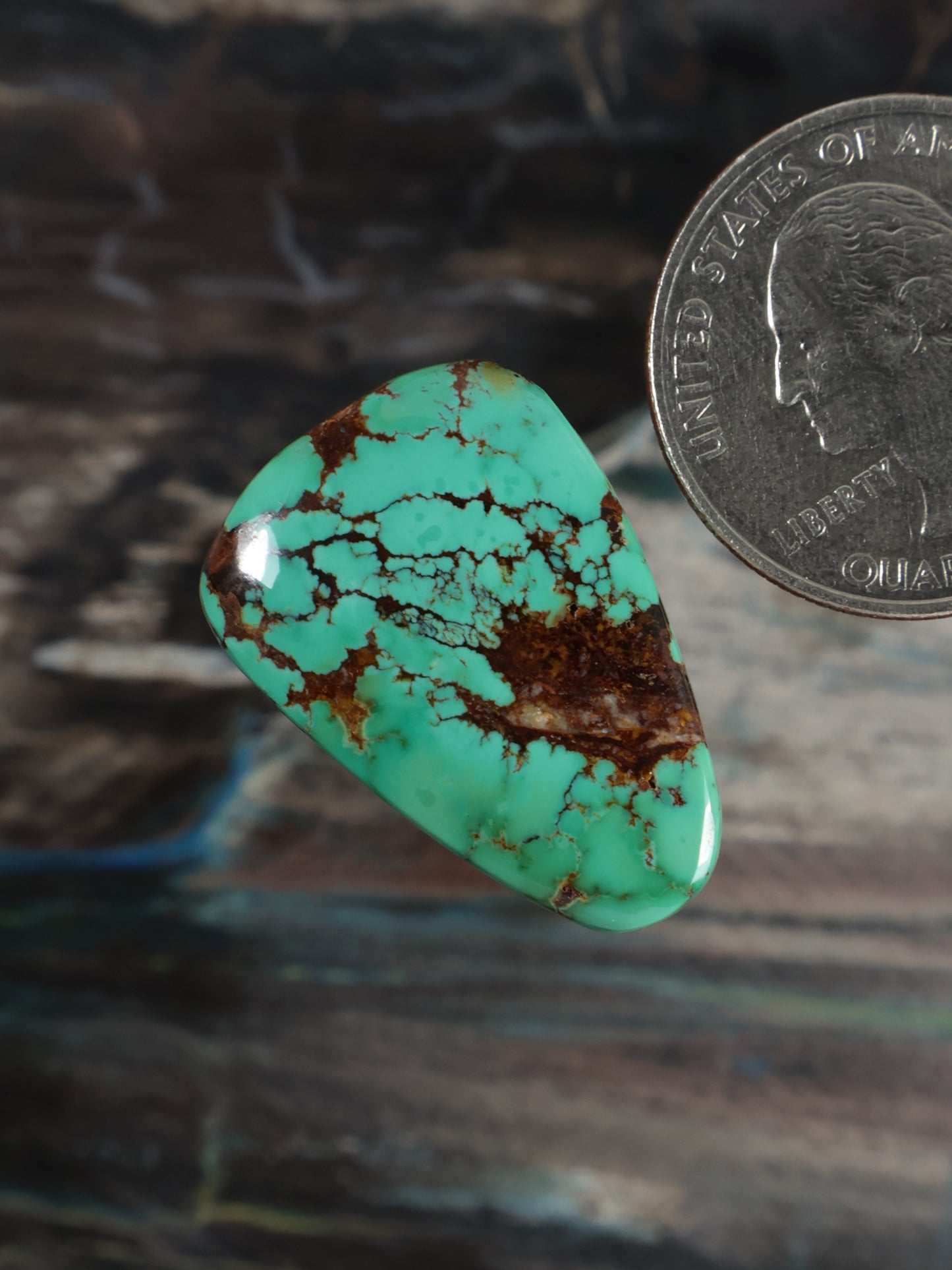 Turquoise cabochon gemstone with brown matrix and branching vein pattern, oval shape