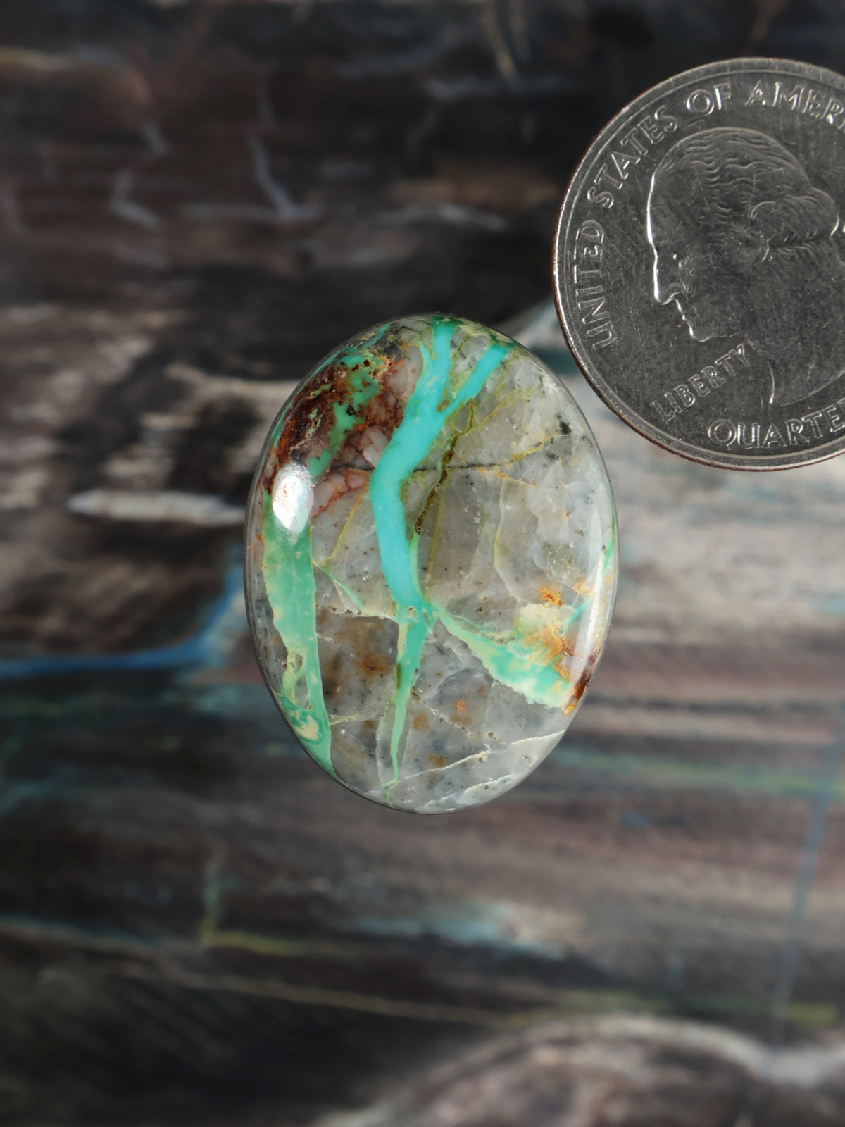 Turquoise cabochon gemstone, oval with bright teal and rust speckles in pale stone