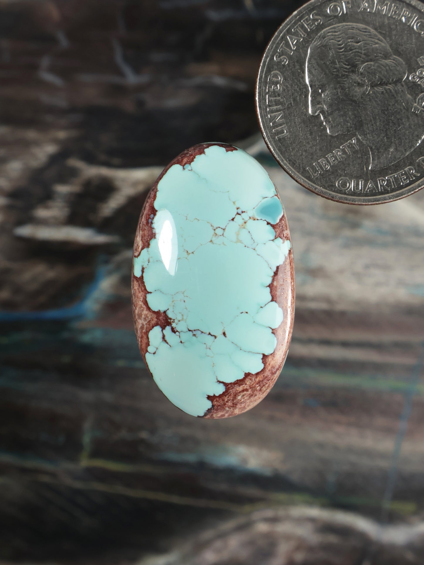Oval turquoise cabochon with red-brown matrix, smooth domed surface