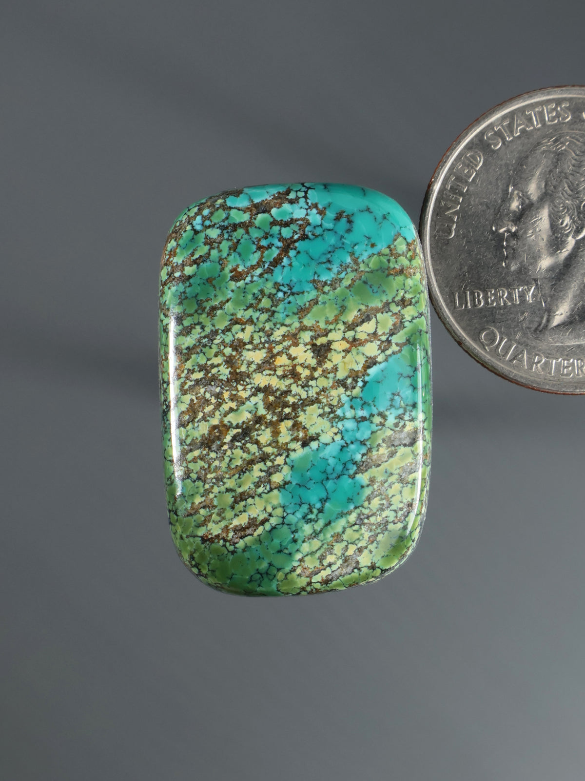 Turquoise-green cabochon gemstone with mottled matrix pattern, rounded rectangle shape