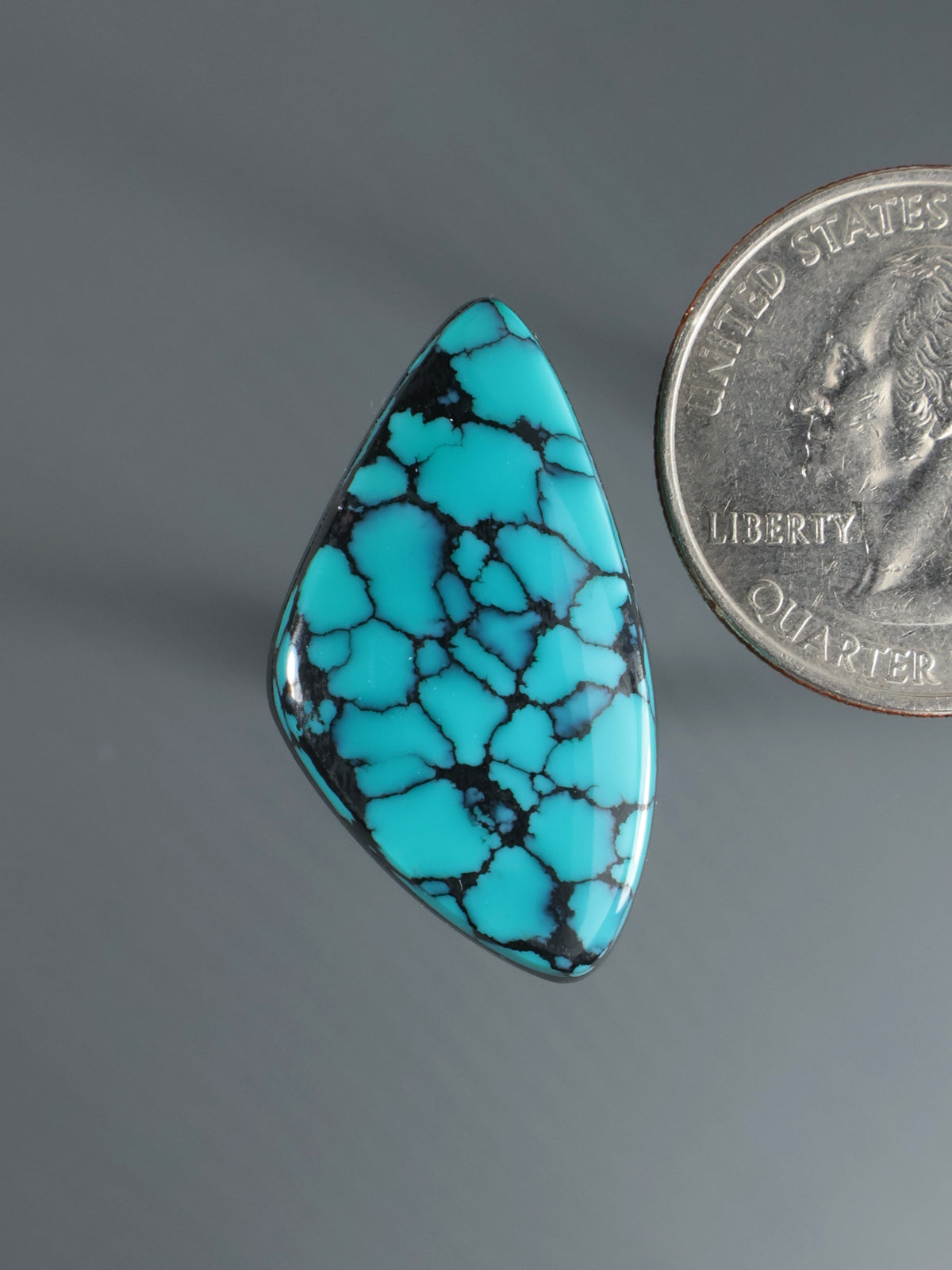 Turquoise cabochon with black webbed veining, teardrop shape, polished edge