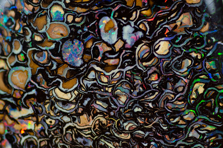 Boulder opal cabochon with maroon-red surface and green highlights, angled long oval shape