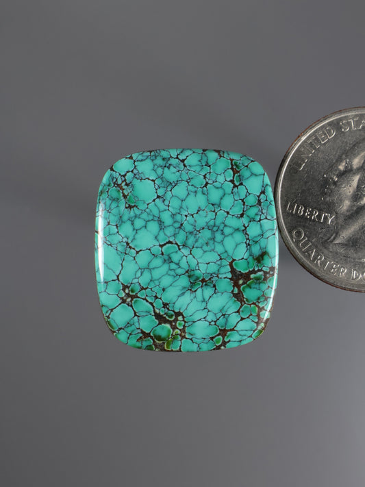 Turquoise cabochon gemstone, cushion shape with dark matrix veining