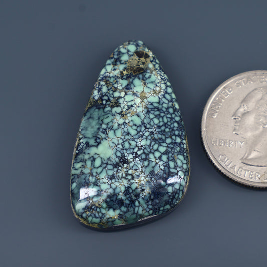 Teal and light-green variscite cabochon with web-like vein pattern, teardrop