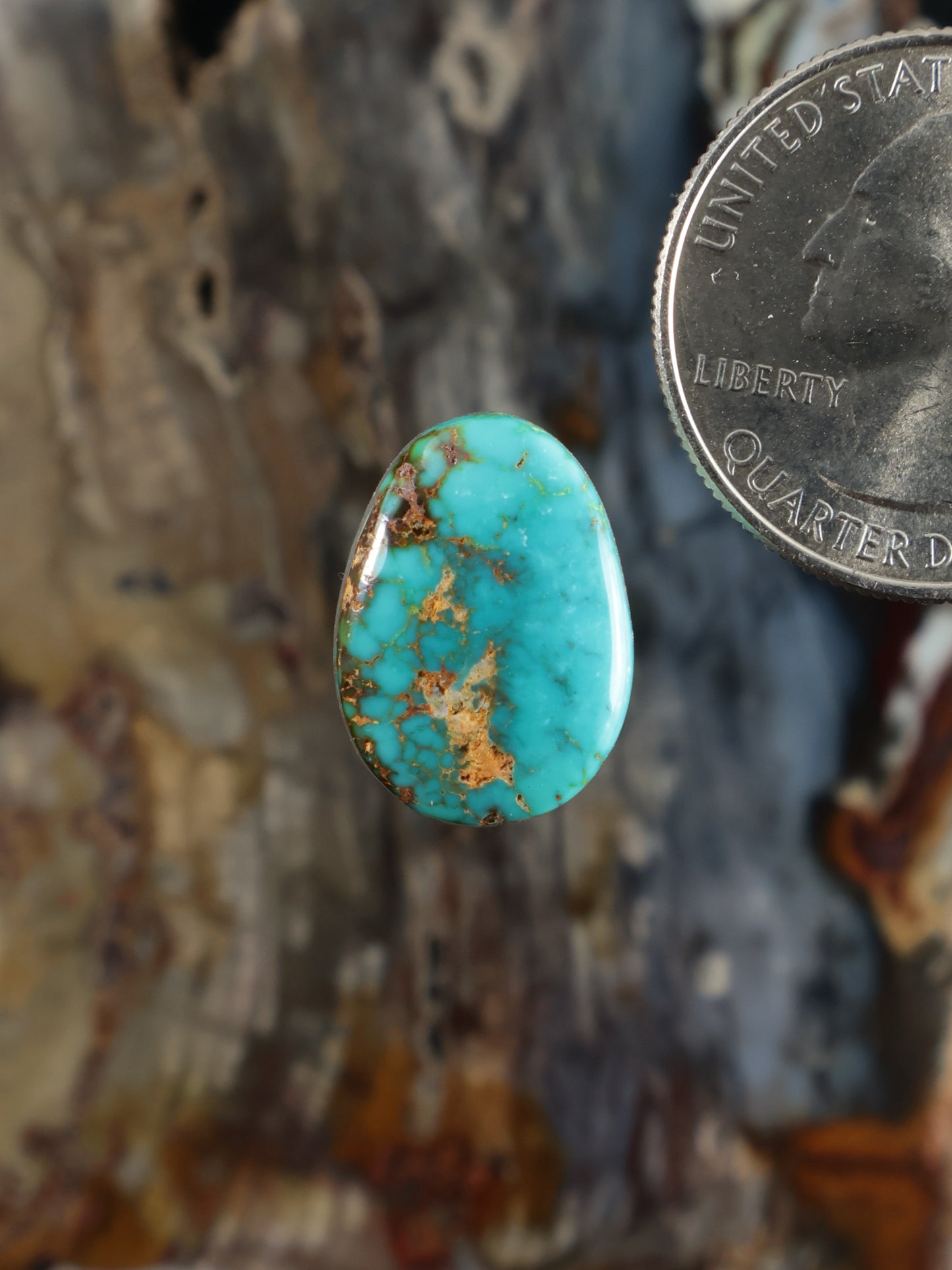 Oval turquoise cabochon gemstone with gold-brown matrix and smooth polished surface