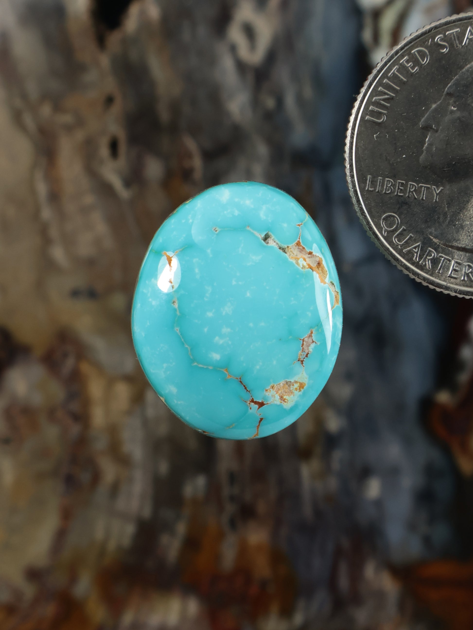 Turquoise oval cabochon gemstone with golden matrix veining