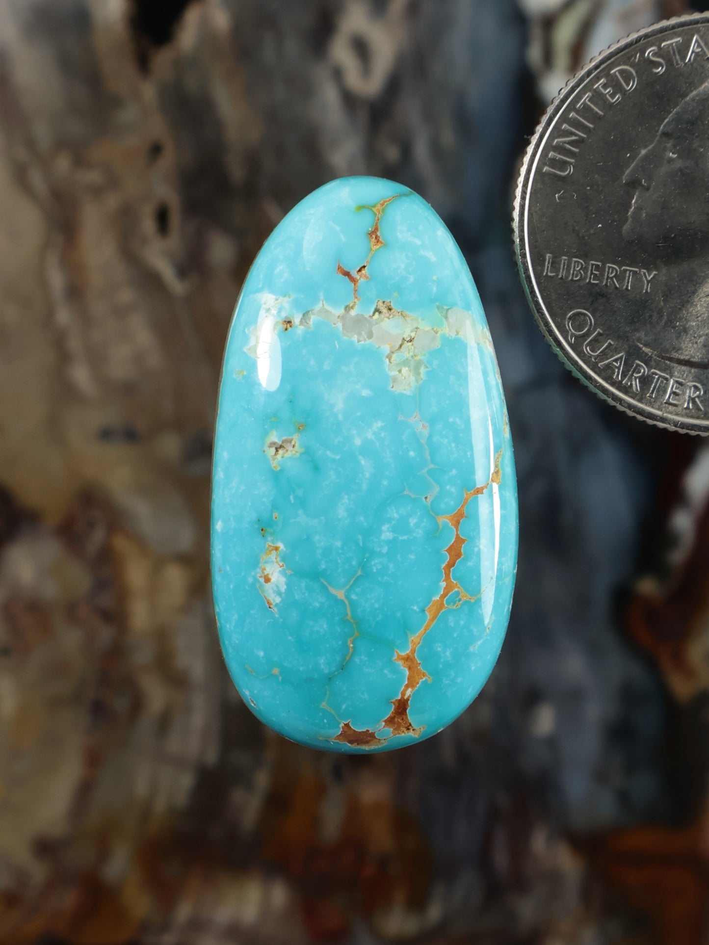 Turquoise cabochon gemstone with golden matrix veining, oval polished stone
