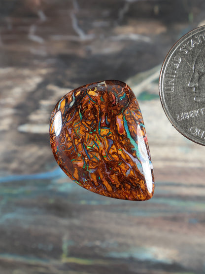 Yowah Boulder Opal cabochon teardrop, orange-brown with iridescent blue-green